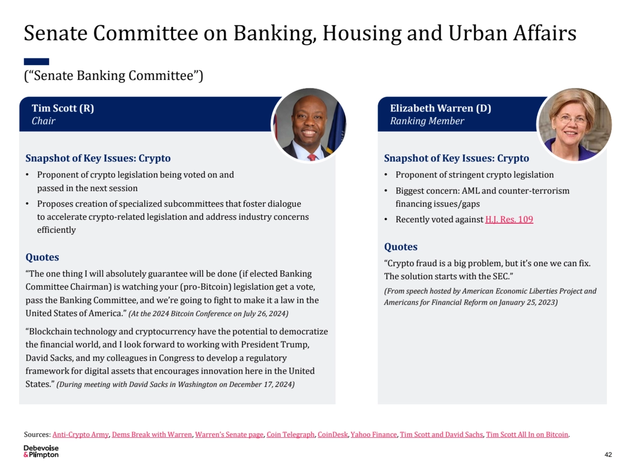 42
Senate Committee on Banking, Housing and Urban Affairs
(“Senate Banking Committee”)
Snapshot …