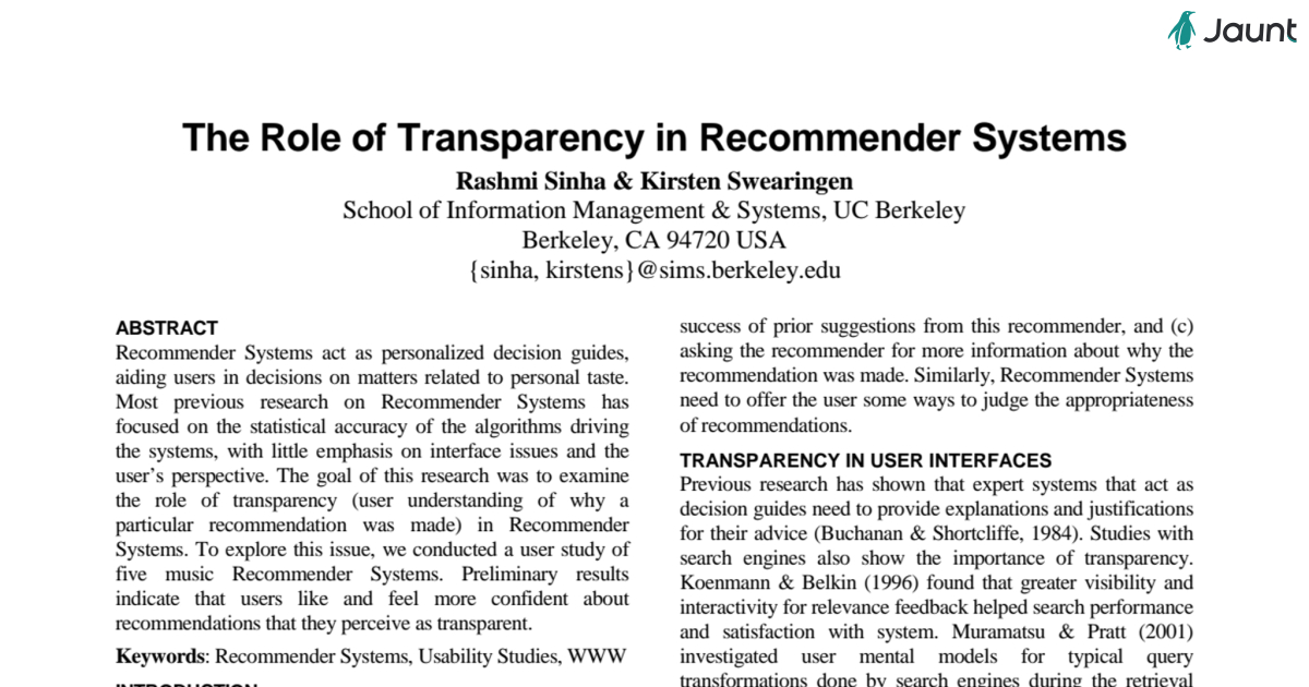 The Role of Transparency in Recommender Systems