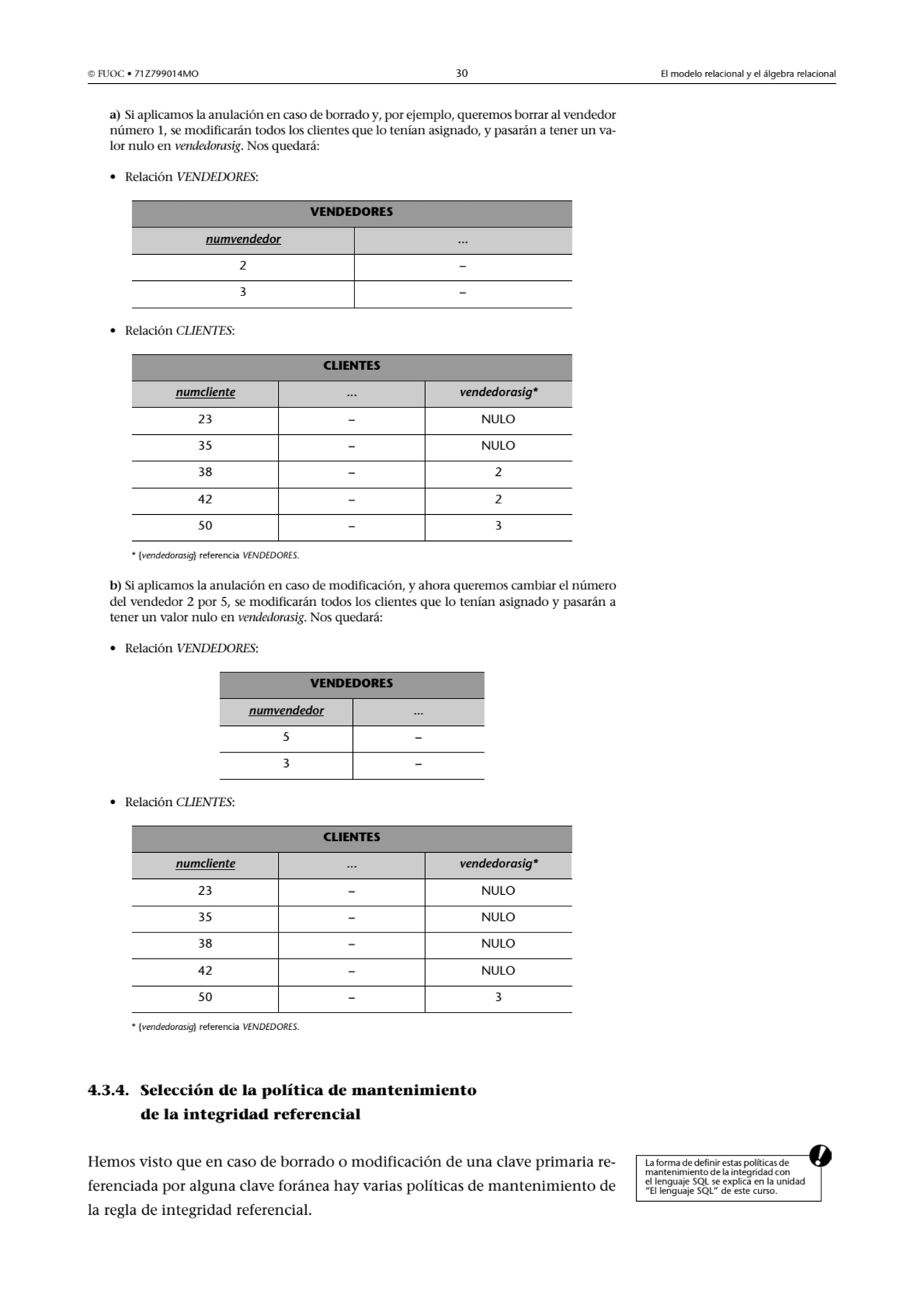  FUOC • 71Z799014MO 30 El modelo relacional y el álgebra relacional
a) Si aplicamos la anulación …