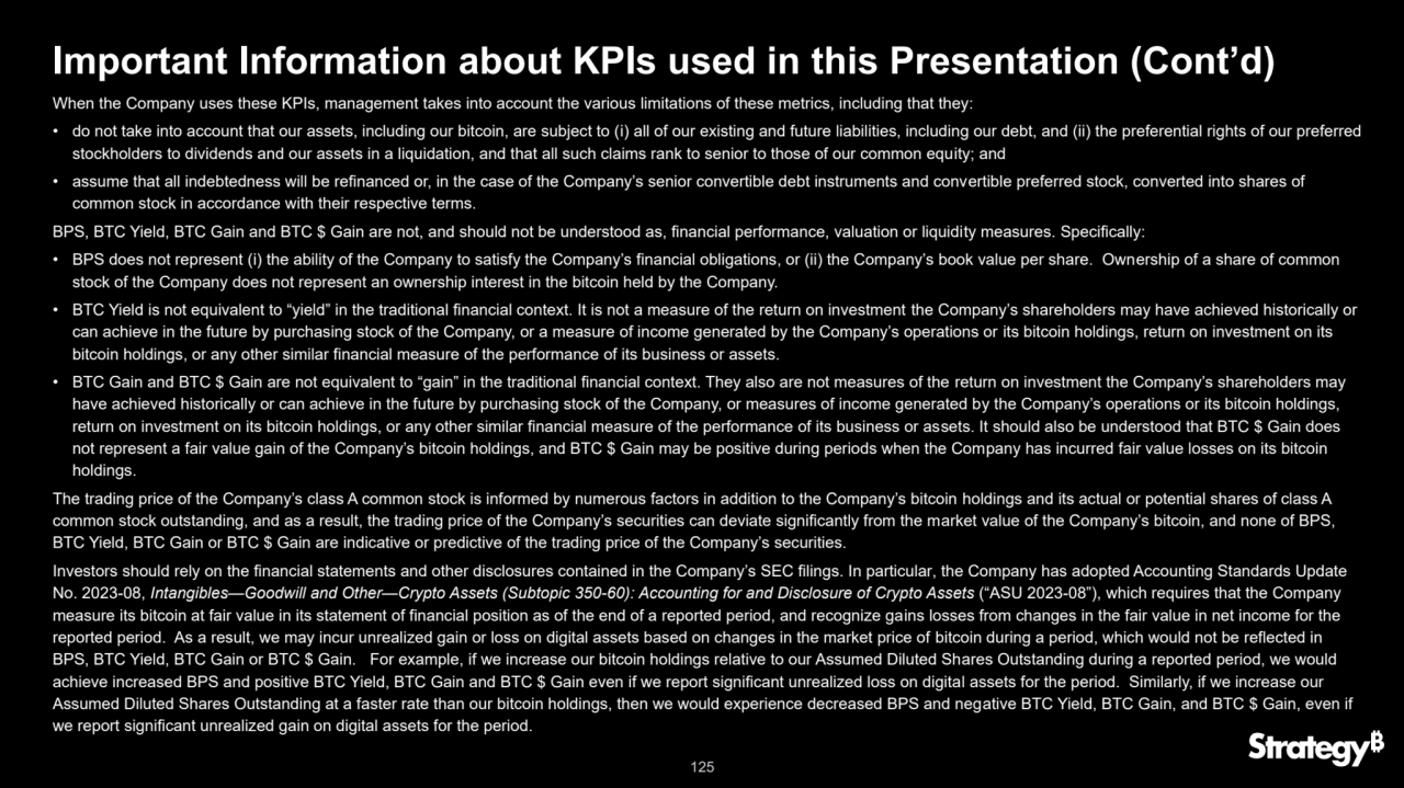 125
Important Information about KPIs used in this Presentation (Cont’d)
When the Company uses these KPIs, management takes into account the various limitations of these metrics, including that they:
• do not take into account that our assets, including our bitcoin, are subject to (i) all of our existing and future liabilities, including our debt, and (ii) the preferential rights of our preferred 
stockholders to dividends and our assets in a liquidation, and that all such claims rank to senior to those of our common equity; and
• assume that all indebtedness will be refinanced or, in the case of the Company’s senior convertible debt instruments and convertible preferred stock, converted into shares of 
common stock in accordance with their respective terms.
BPS, BTC Yield, BTC Gain and BTC $ Gain are not, and should not be understood as, financial performance, valuation or liquidity measures. Specifically:
• BPS does not represent (i) the ability of the Company to satisfy the Company’s financial obligations, or (ii) the Company’s book value per share. Ownership of a share of common 
stock of the Company does not represent an ownership interest in the bitcoin held by the Company.
• BTC Yield is not equivalent to “yield” in the traditional financial context. It is not a measure of the return on investment the Company’s shareholders may have achieved historically or 
can achieve in the future by purchasing stock of the Company, or a measure of income generated by the Company’s operations or its bitcoin holdings, return on investment on its 
bitcoin holdings, or any other similar financial measure of the performance of its business or assets.
• BTC Gain and BTC $ Gain are not equivalent to “gain” in the traditional financial context. They also are not measures of the return on investment the Company’s shareholders may 
have achieved historically or can achieve in the future by purchasing stock of the Company, or measures of income generated by the Company’s operations or its bitcoin holdings, 
return on investment on its bitcoin holdings, or any other similar financial measure of the performance of its business or assets. It should also be understood that BTC $ Gain does 
not represent a fair value gain of the Company’s bitcoin holdings, and BTC $ Gain may be positive during periods when the Company has incurred fair value losses on its bitcoin 
holdings.
The trading price of the Company’s class A common stock is informed by numerous factors in addition to the Company’s bitcoin holdings and its actual or potential shares of class A 
common stock outstanding, and as a result, the trading price of the Company’s securities can deviate significantly from the market value of the Company’s bitcoin, and none of BPS, 
BTC Yield, BTC Gain or BTC $ Gain are indicative or predictive of the trading price of the Company’s securities.
Investors should rely on the financial statements and other disclosures contained in the Company’s SEC filings. In particular, the Company has adopted Accounting Standards Update 
No. 2023-08, Intangibles—Goodwill and Other—Crypto Assets (Subtopic 350-60): Accounting for and Disclosure of Crypto Assets (“ASU 2023-08”), which requires that the Company 
measure its bitcoin at fair value in its statement of financial position as of the end of a reported period, and recognize gains losses from changes in the fair value in net income for the 
reported period. As a result, we may incur unrealized gain or loss on digital assets based on changes in the market price of bitcoin during a period, which would not be reflected in 
BPS, BTC Yield, BTC Gain or BTC $ Gain. For example, if we increase our bitcoin holdings relative to our Assumed Diluted Shares Outstanding during a reported period, we would 
achieve increased BPS and positive BTC Yield, BTC Gain and BTC $ Gain even if we report significant unrealized loss on digital assets for the period. Similarly, if we increase our 
Assumed Diluted Shares Outstanding at a faster rate than our bitcoin holdings, then we would experience decreased BPS and negative BTC Yield, BTC Gain, and BTC $ Gain, even if 
we report significant unrealized gain on digital assets for the period.
