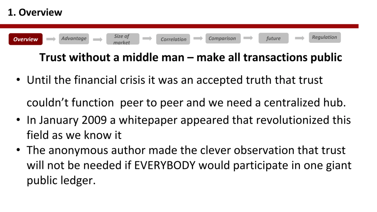 Trust without a middle man – make all transactions public 
• Until the financial crisis it was an …