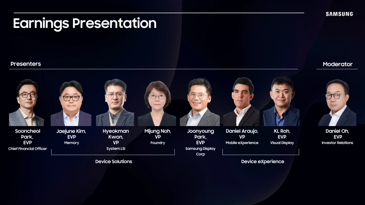 Earnings Presentation
Device Solutions Device eXperience
Jaejune Kim,
EVP
Memory 
Hyeokman
Kwon, 
VP
System LSI
Mijung Noh, 
VP
Foundry
Joonyoung
Park, 
EVP
Samsung Display 
Corp
Daniel Araujo, 
VP
Mobile eXperience
KL Roh, 
EVP
Visual Display
Daniel Oh,
EVP
Investor Relations
Sooncheol
Park,
EVP
Presenters Moderator
Chief Financial Officer