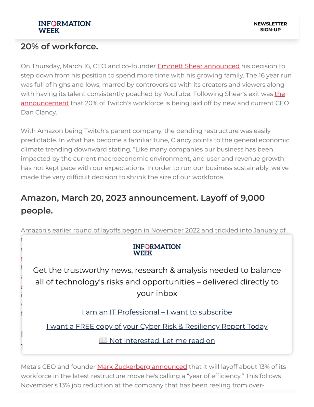 Twitch, March 20, 2023 announcement. Resignation of former
CEO and co-founder Emmett Shear. Layoff…