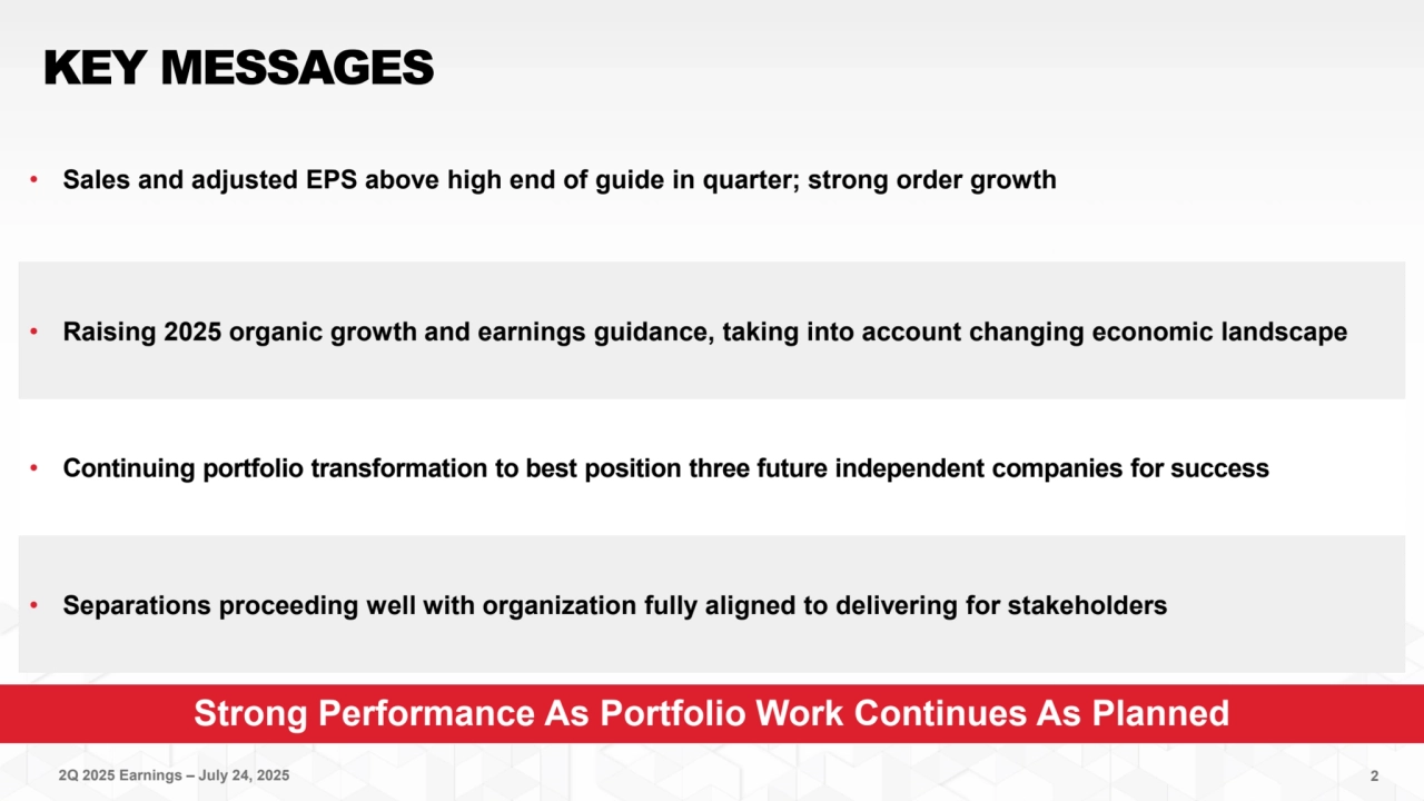 2Q 2025 Earnings – July 24, 2025 2
Strong Performance As Portfolio Work Continues As Planned
KEY MESSAGES
• Sales and adjusted EPS above high end of guide in quarter; strong order growth
• Raising 2025 organic growth and earnings guidance, taking into account changing economic landscape
• Continuing portfolio transformation to best position three future independent companies for success
• Separations proceeding well with organization fully aligned to delivering for stakeholders 
