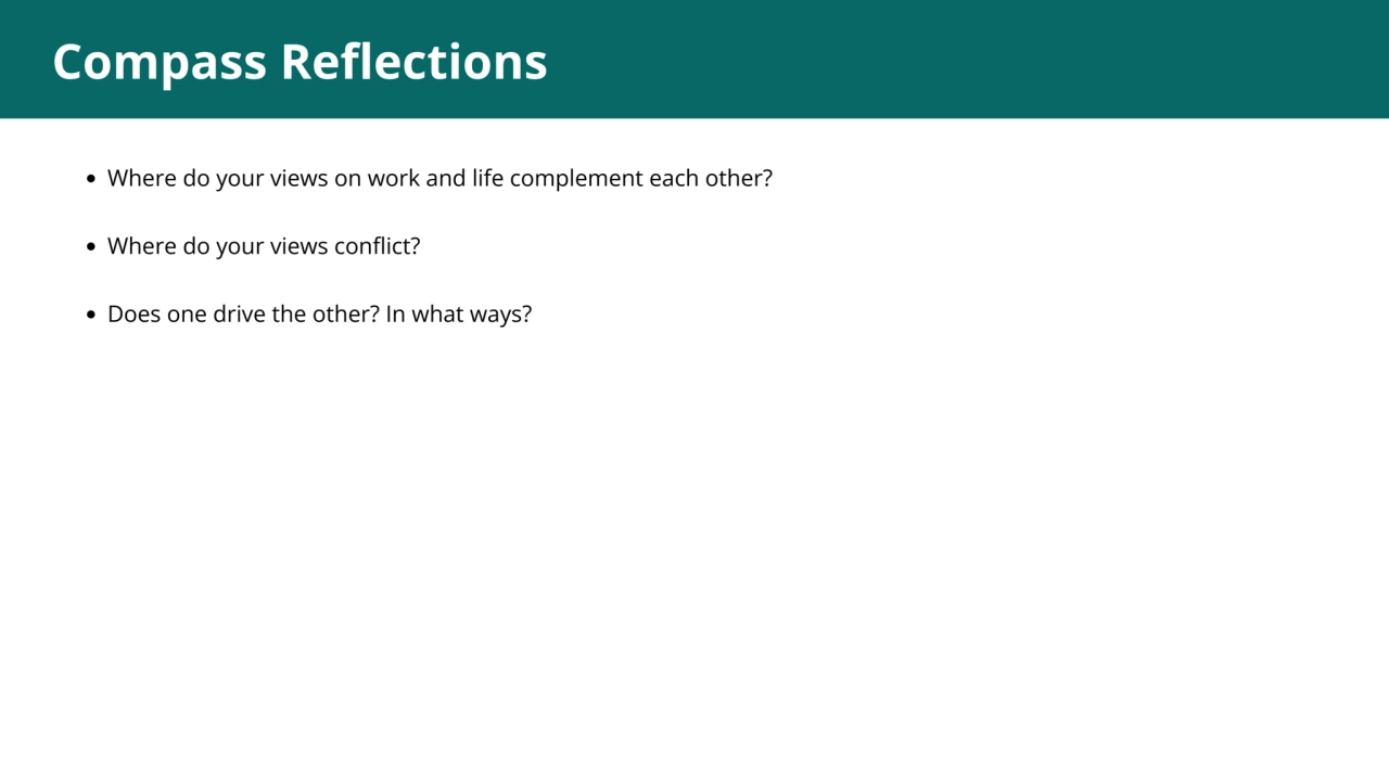 1
Compass Reflections
Where do your views on work and life complement each other?
Where do your …