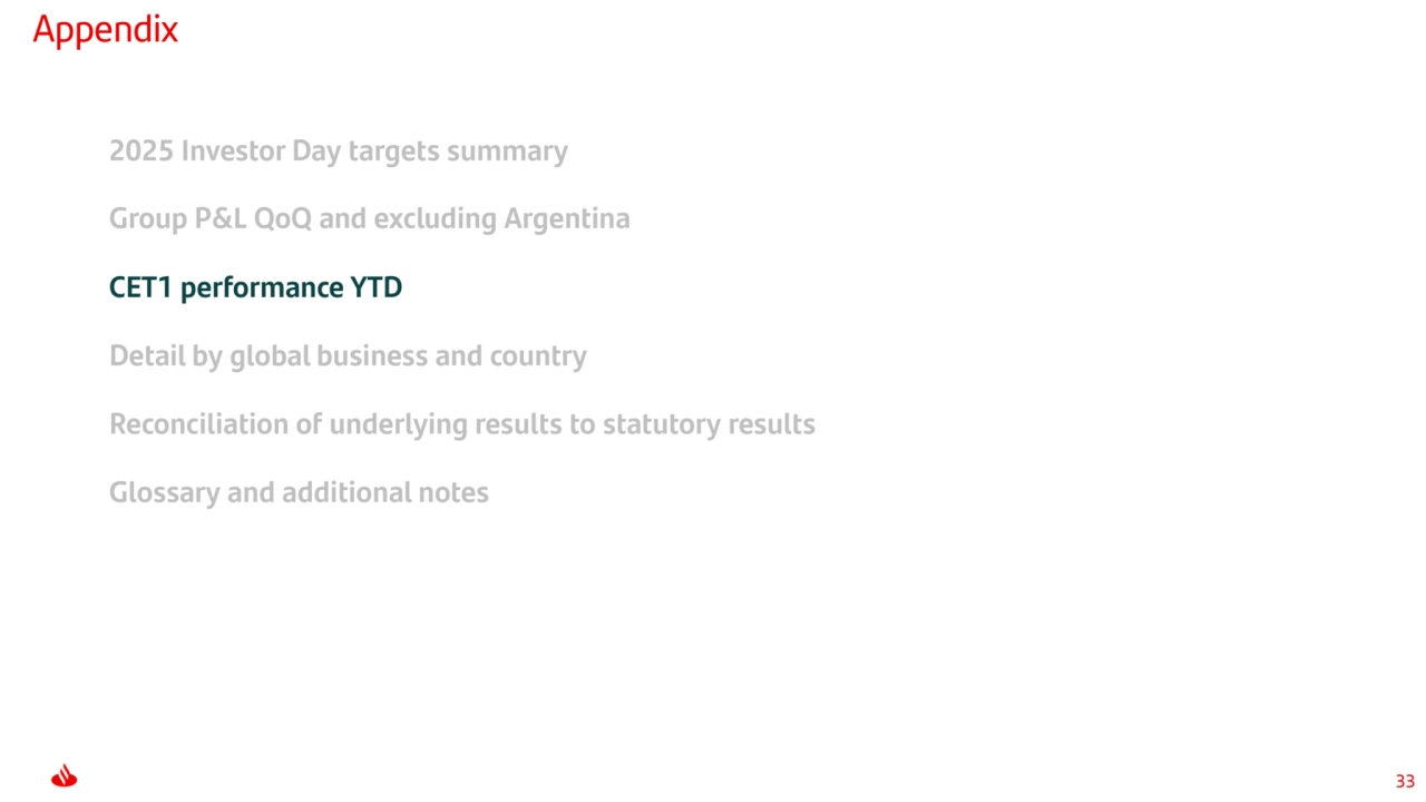33
Appendix 
2025 Investor Day targets summary
Group P&L QoQ and excluding Argentina
CET1 performance YTD
Detail by global business and country
Reconciliation of underlying results to statutory results
Glossary and additional notes
