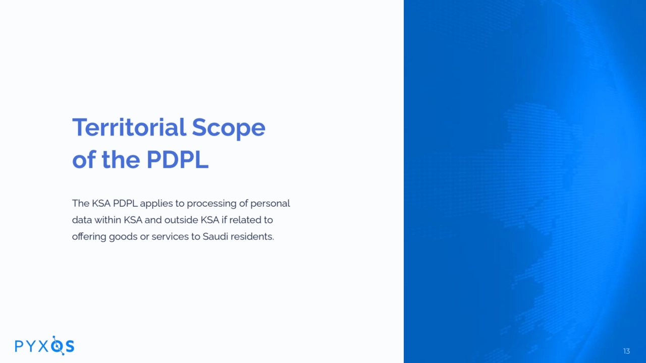Territorial Scope
of the PDPL
The KSA PDPL applies to processing of personal
data within KSA a…