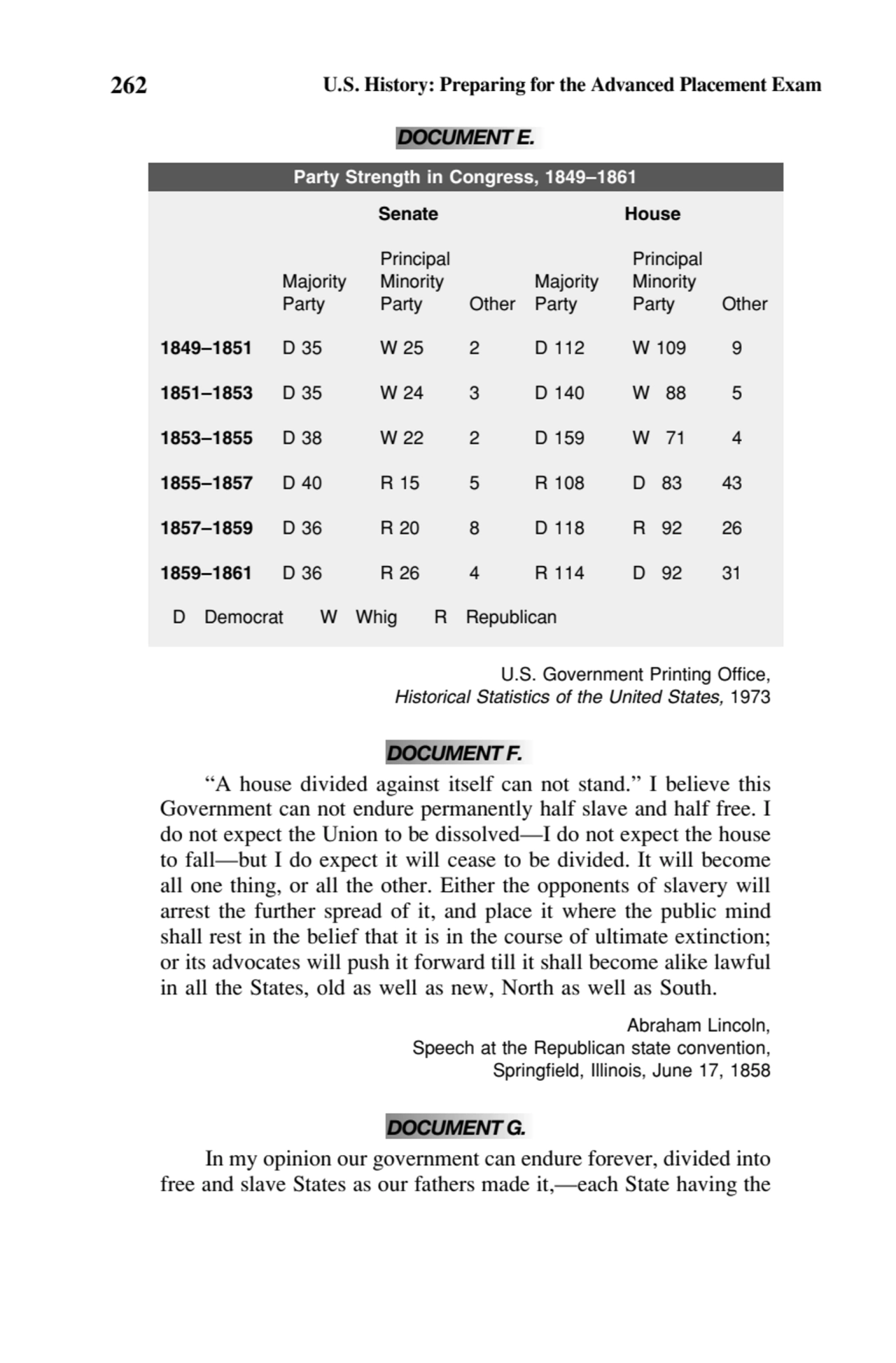 262 U.S. History: Preparing for the Advanced Placement Exam
Party Strength in Congress, 1849–1861
…