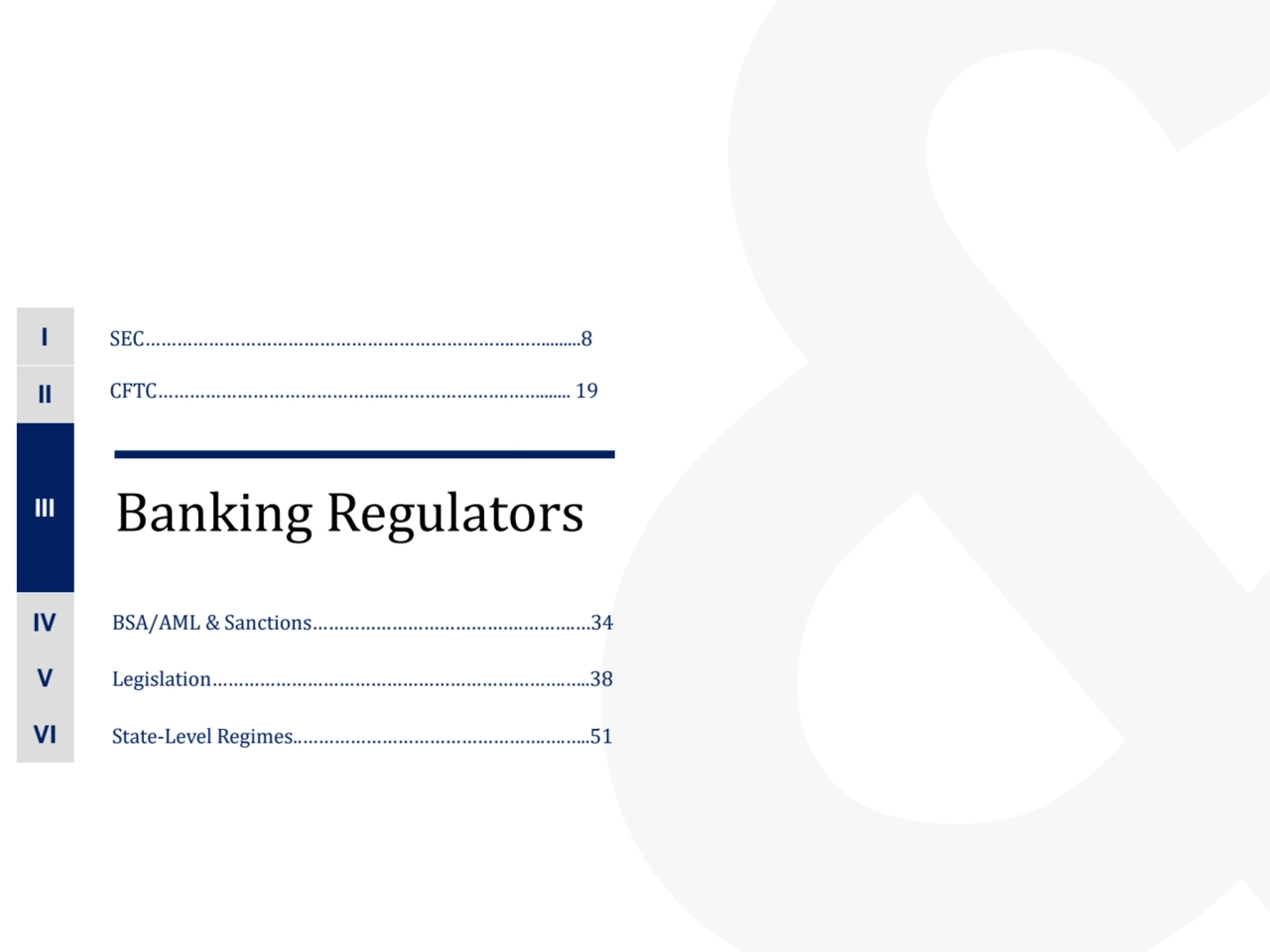 Banking Regulators III
II
IV
Legislation………………………………………………………….…..38
SEC………………………………………………………………