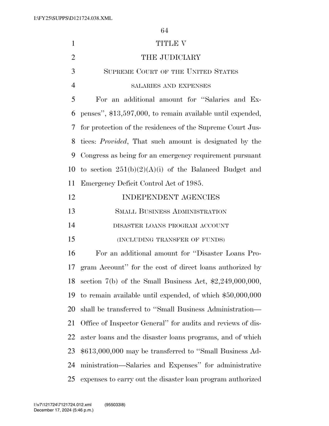 64 
1 TITLE V 
2 THE JUDICIARY 
3 SUPREME COURT OF THE UNITED STATES
4 SALARIES AND EXPENSES
5…