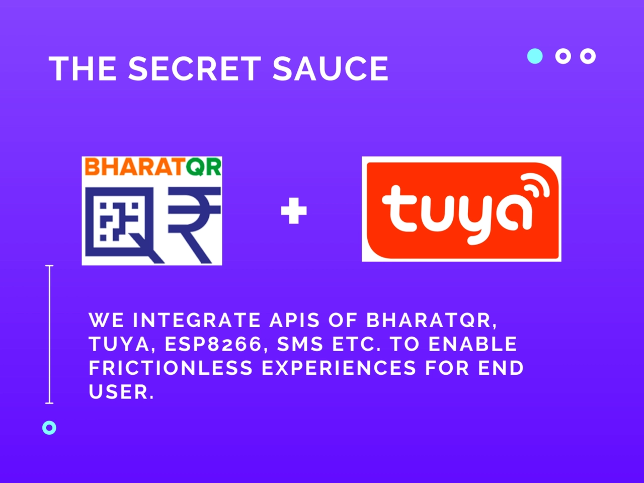 THE SECRET SAUCE
+
WE INTEGRATE APIS OF BHARATQR,
TUYA, ESP8266, SMS ETC. TO ENABLE
FRICTIONLES…