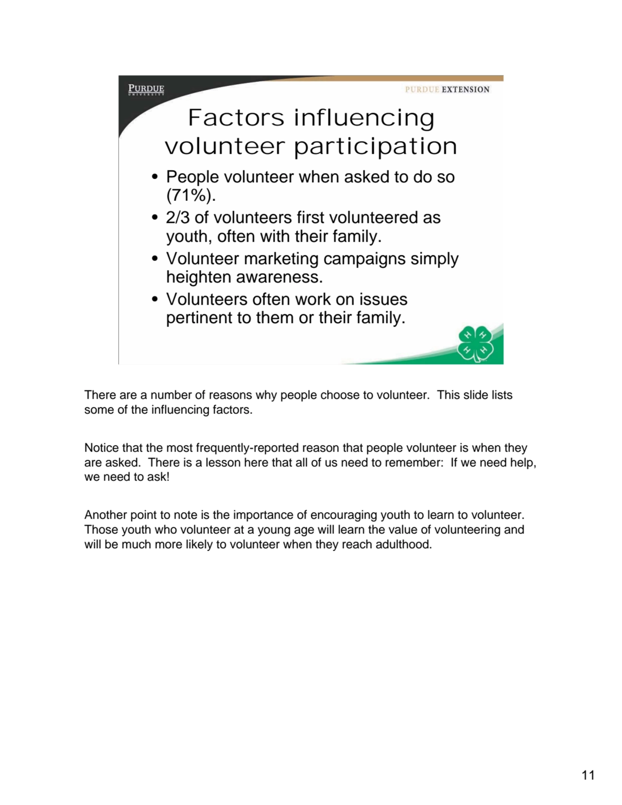 11
11
Factors influencing 
volunteer participation
• People volunteer when asked to do so 
(71…