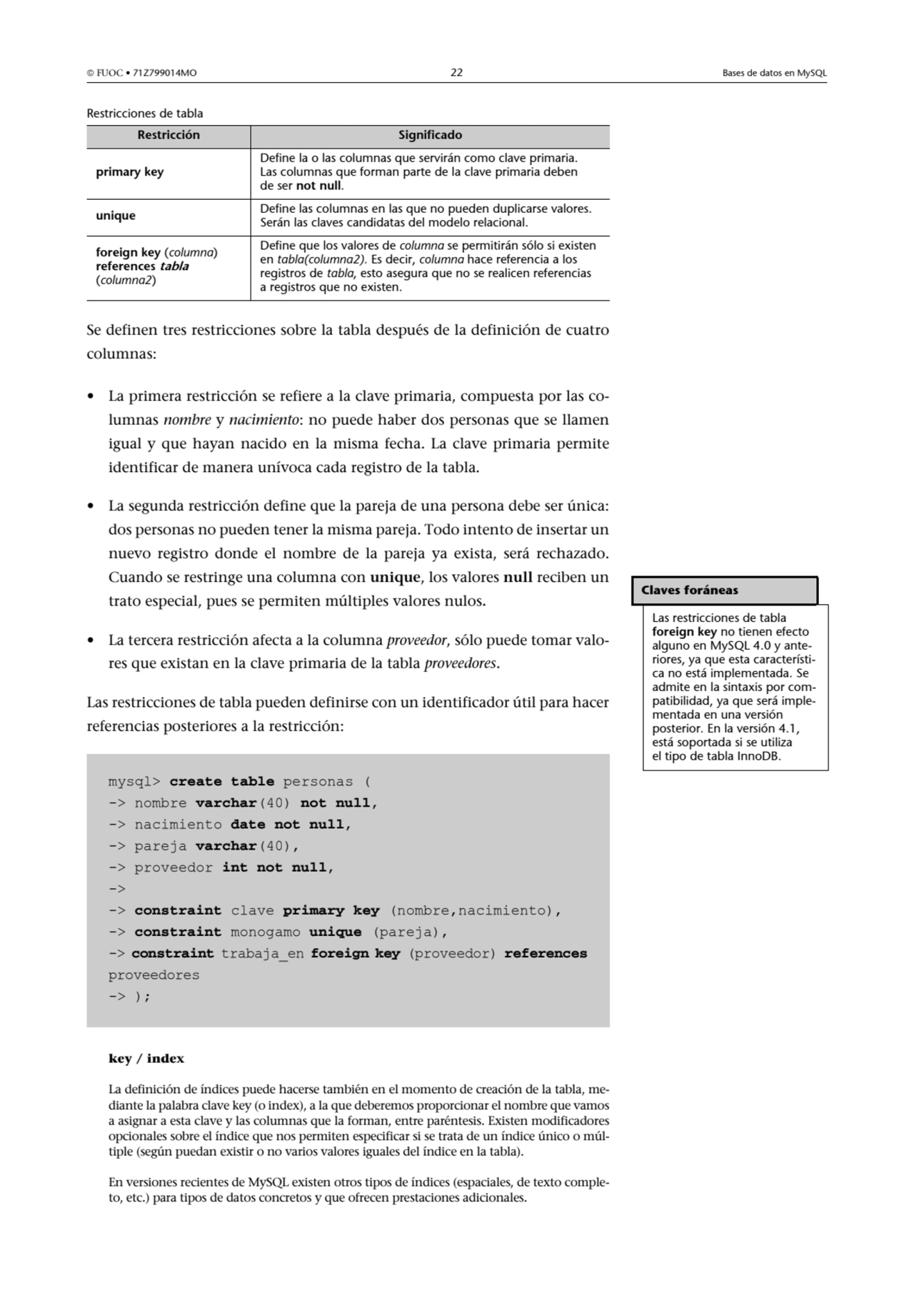  FUOC • 71Z799014MO 22 Bases de datos en MySQL
Restricciones de tabla
Se definen tres restriccio…