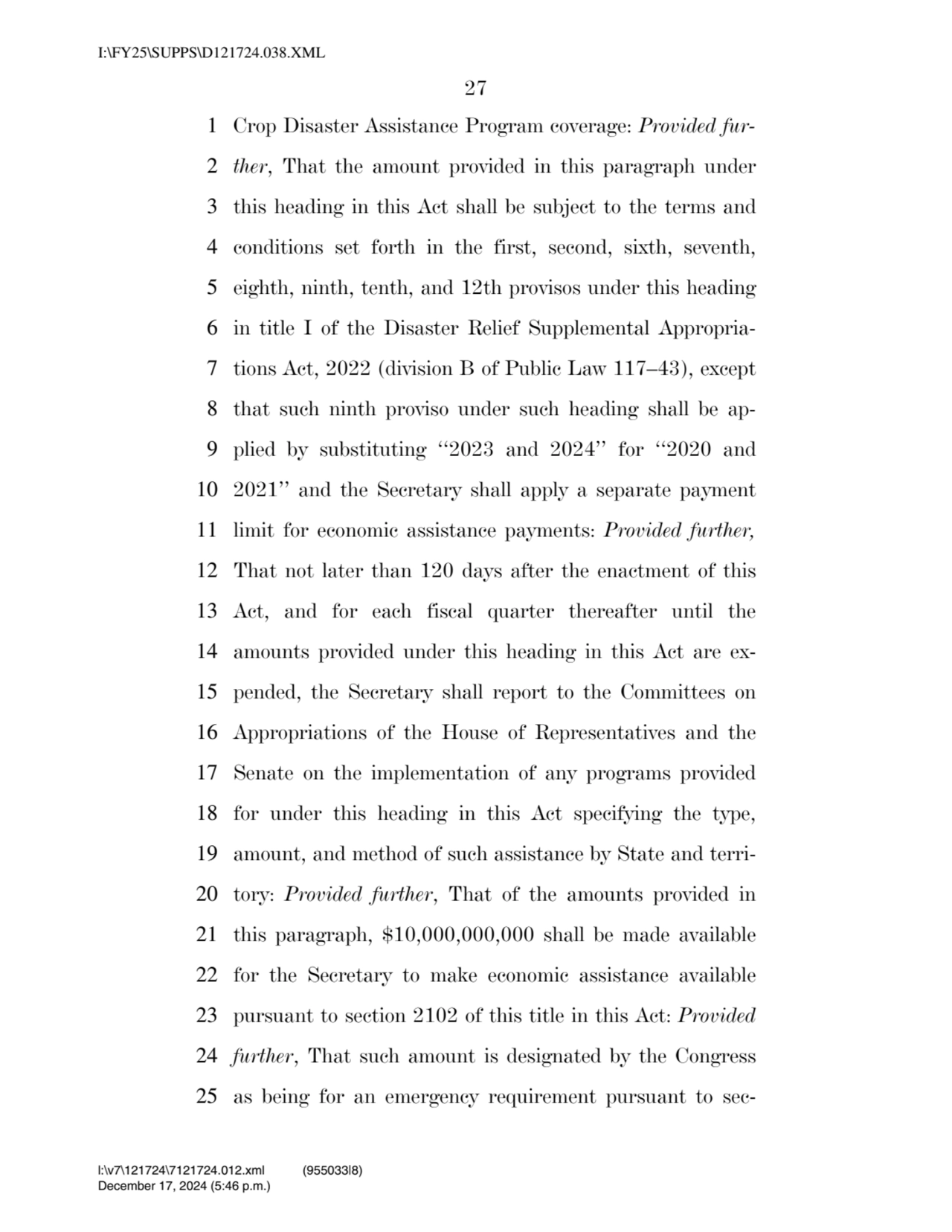 27 
1 Crop Disaster Assistance Program coverage: Provided fur2 ther, That the amount provided in …