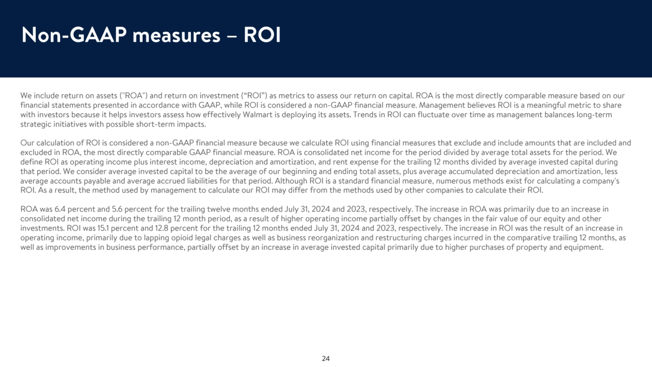 Non-GAAP measures – ROI
We include return on assets ("ROA") and return on investment (“ROI”) as metrics to assess our return on capital. ROA is the most directly comparable measure based on our 
financial statements presented in accordance with GAAP, while ROI is considered a non-GAAP financial measure. Management believes ROI is a meaningful metric to share 
with investors because it helps investors assess how effectively Walmart is deploying its assets. Trends in ROI can fluctuate over time as management balances long-term 
strategic initiatives with possible short-term impacts.
Our calculation of ROI is considered a non-GAAP financial measure because we calculate ROI using financial measures that exclude and include amounts that are included and 
excluded in ROA, the most directly comparable GAAP financial measure. ROA is consolidated net income for the period divided by average total assets for the period. We 
define ROI as operating income plus interest income, depreciation and amortization, and rent expense for the trailing 12 months divided by average invested capital during 
that period. We consider average invested capital to be the average of our beginning and ending total assets, plus average accumulated depreciation and amortization, less 
average accounts payable and average accrued liabilities for that period. Although ROI is a standard financial measure, numerous methods exist for calculating a company's 
ROI. As a result, the method used by management to calculate our ROI may differ from the methods used by other companies to calculate their ROI.
ROA was 6.4 percent and 5.6 percent for the trailing twelve months ended July 31, 2024 and 2023, respectively. The increase in ROA was primarily due to an increase in 
consolidated net income during the trailing 12 month period, as a result of higher operating income partially offset by changes in the fair value of our equity and other 
investments. ROI was 15.1 percent and 12.8 percent for the trailing 12 months ended July 31, 2024 and 2023, respectively. The increase in ROI was the result of an increase in 
operating income, primarily due to lapping opioid legal charges as well as business reorganization and restructuring charges incurred in the comparative trailing 12 months, as 
well as improvements in business performance, partially offset by an increase in average invested capital primarily due to higher purchases of property and equipment. 
24