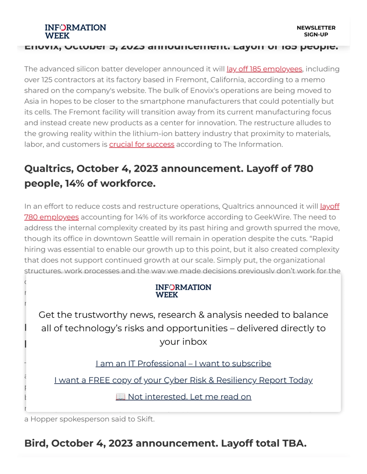 in a restructure plan to enable long term growth.
Enovix, October 5, 2023 announcement. Layoff of …