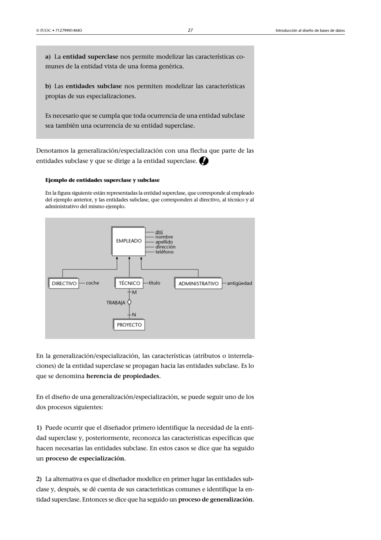  FUOC • 71Z799014MO 27 Introducción al diseño de bases de datos
Denotamos la generalización/espec…