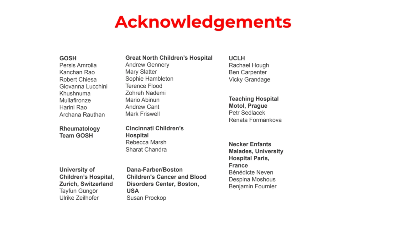 Acknowledgements
Teaching Hospital 
Motol, Prague
Petr Sedlacek 
Renata Formankova
GOSH
Persi…