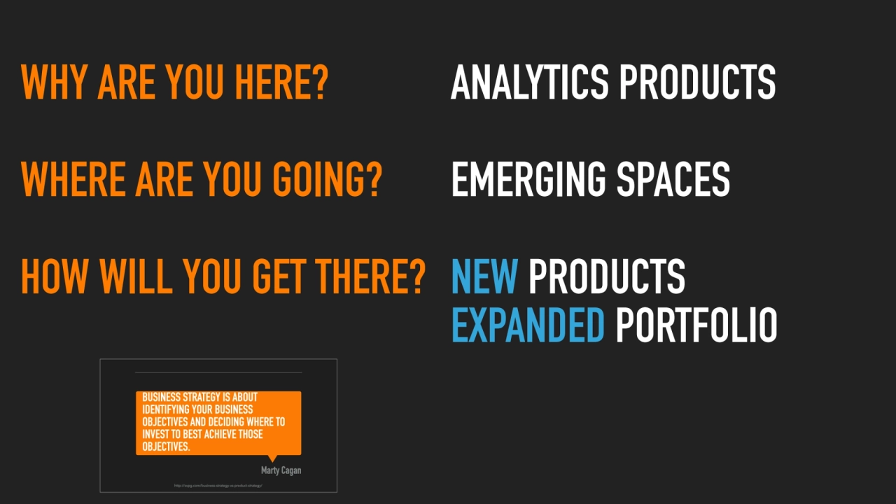 WHY ARE YOU HERE?
WHERE ARE YOU GOING?
HOW WILL YOU GET THERE?
ANALYTICS PRODUCTS
EMERGING SPAC…