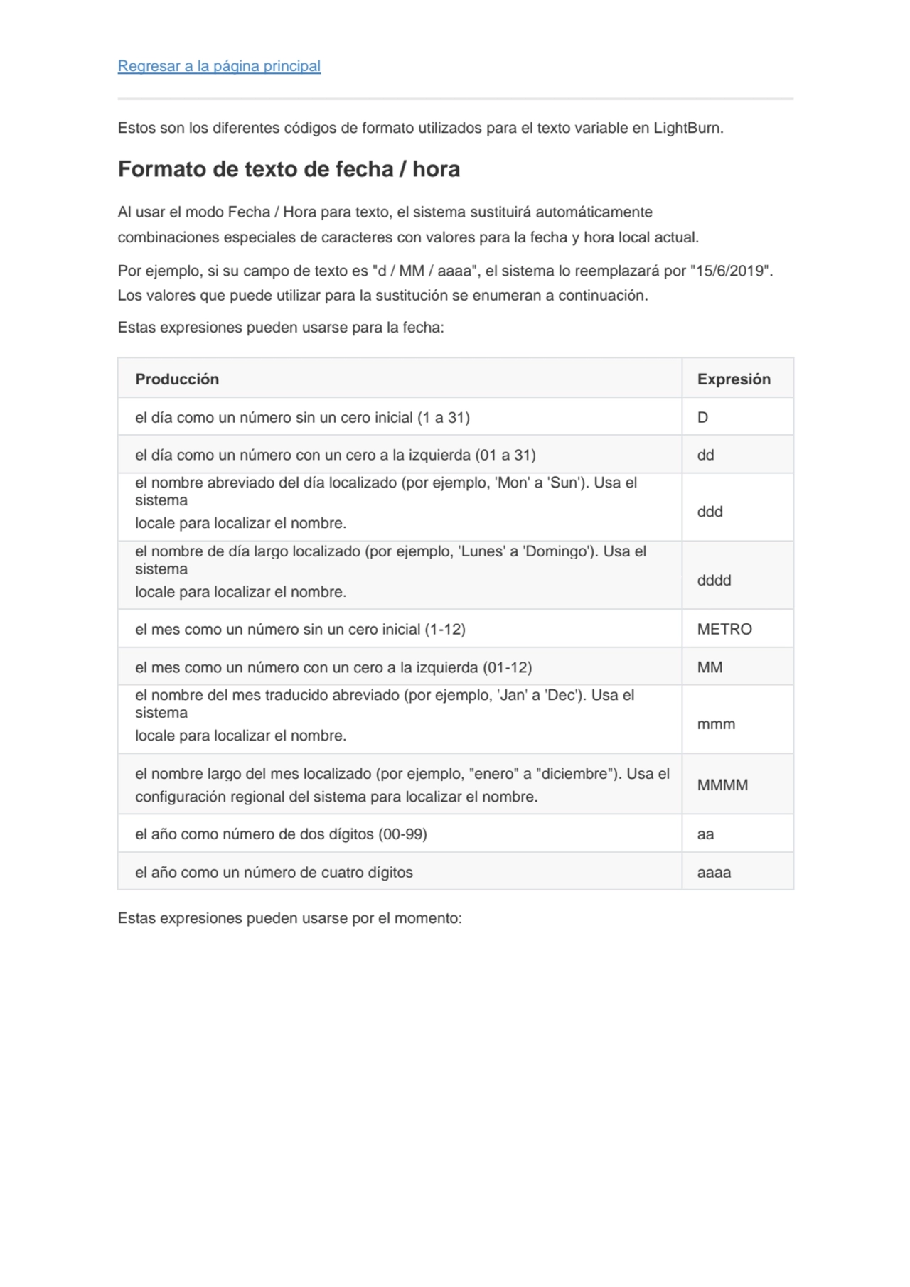 Regresar a la página principal
Estos son los diferentes códigos de formato utilizados para el text…