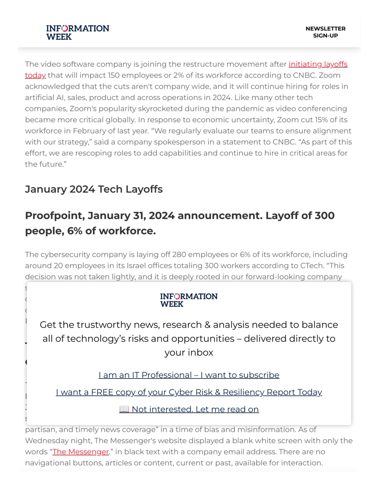 Zoom, February 1, 2024 announcement. Layoff of 150 people,
2% of workforce.
The video software co…