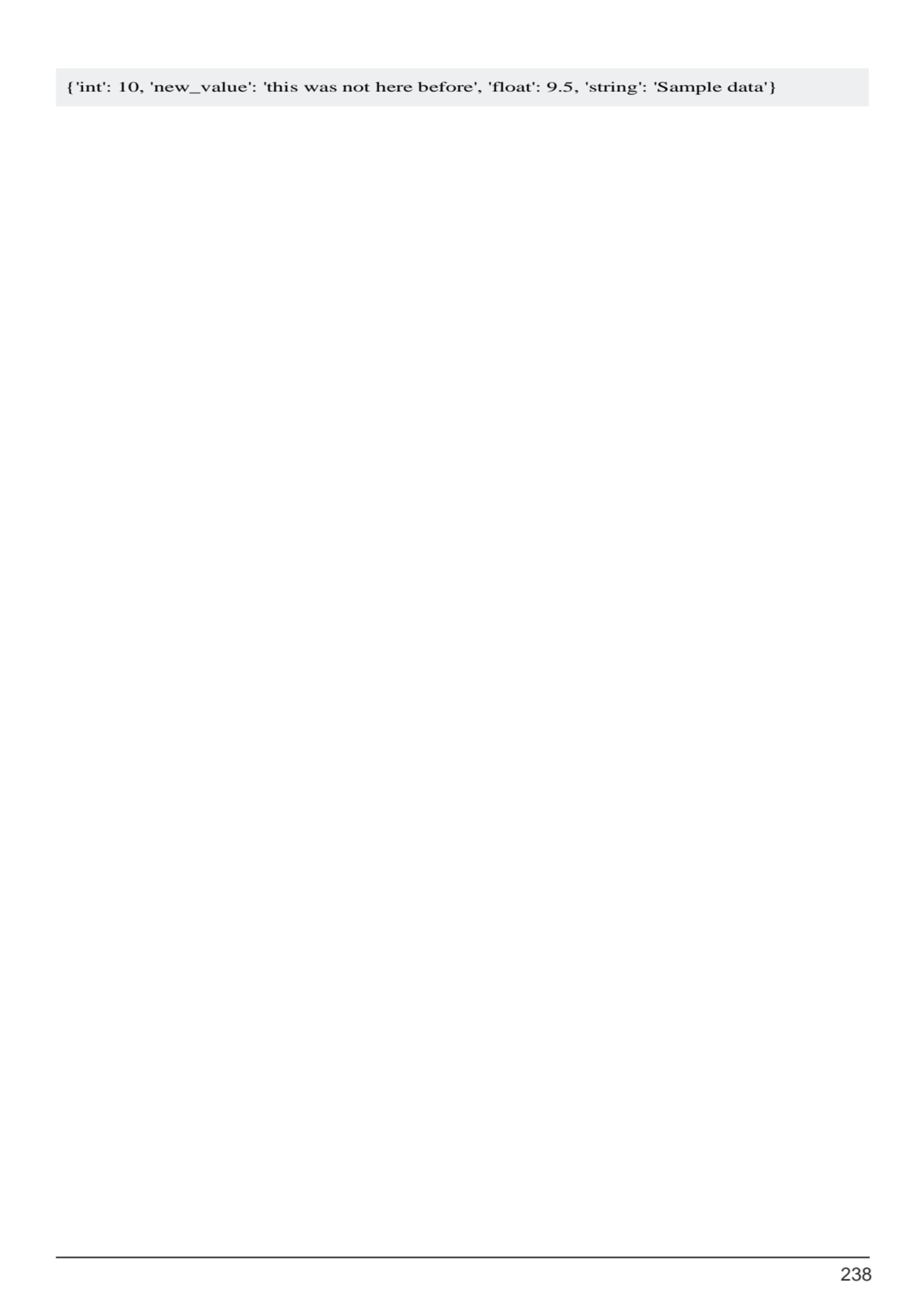 238
{'int': 10, 'new_value': 'this was not here before', 'float': 9.5, 'string': 'Sample data'}