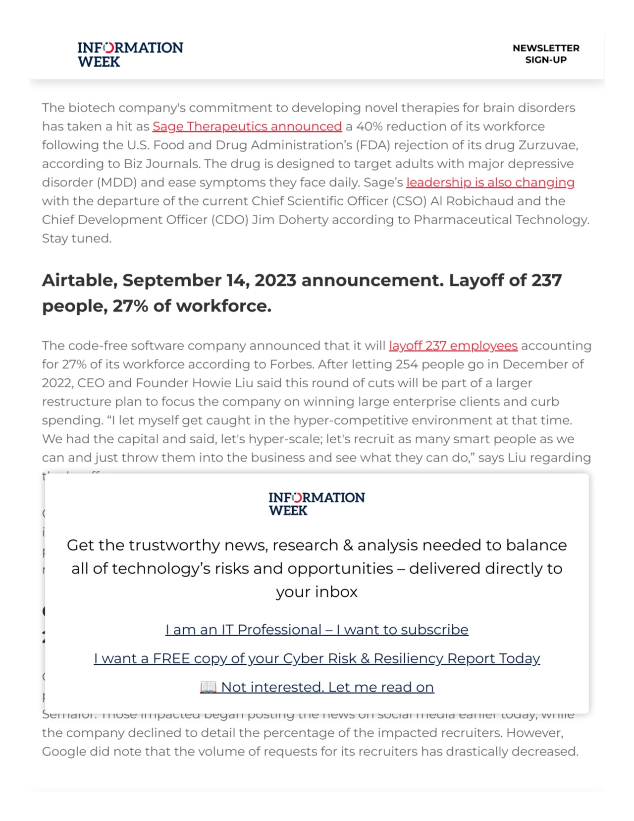 Sage Therapeutics, September 15, 2023 announcement.
Layoff of 290 people, 40% of workforce.
The b…