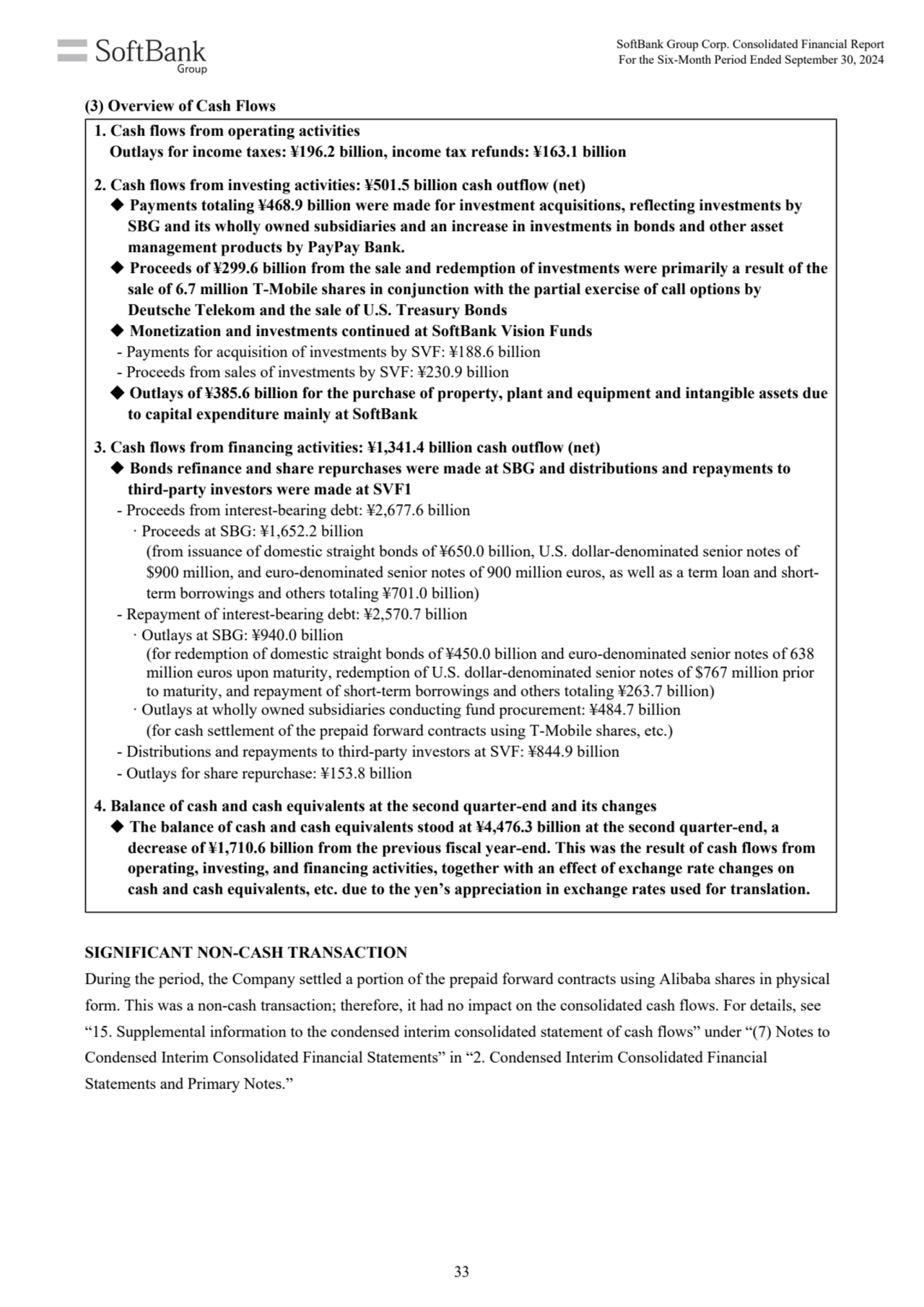 1. Cash flows from operating activities
Outlays for income taxes: ¥196.2 billion, income tax refun…