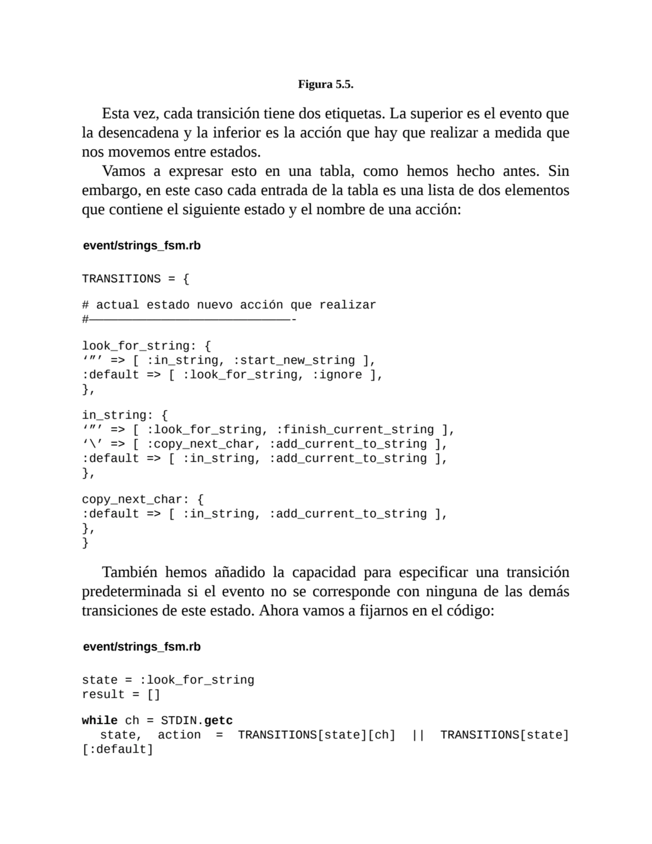 Figura 5.5.
Esta vez, cada transición tiene dos etiquetas. La superior es el evento que
la desenc…