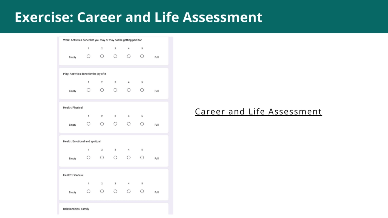 1
Exercise: Career and Life Assessment
Career and Life Assessment