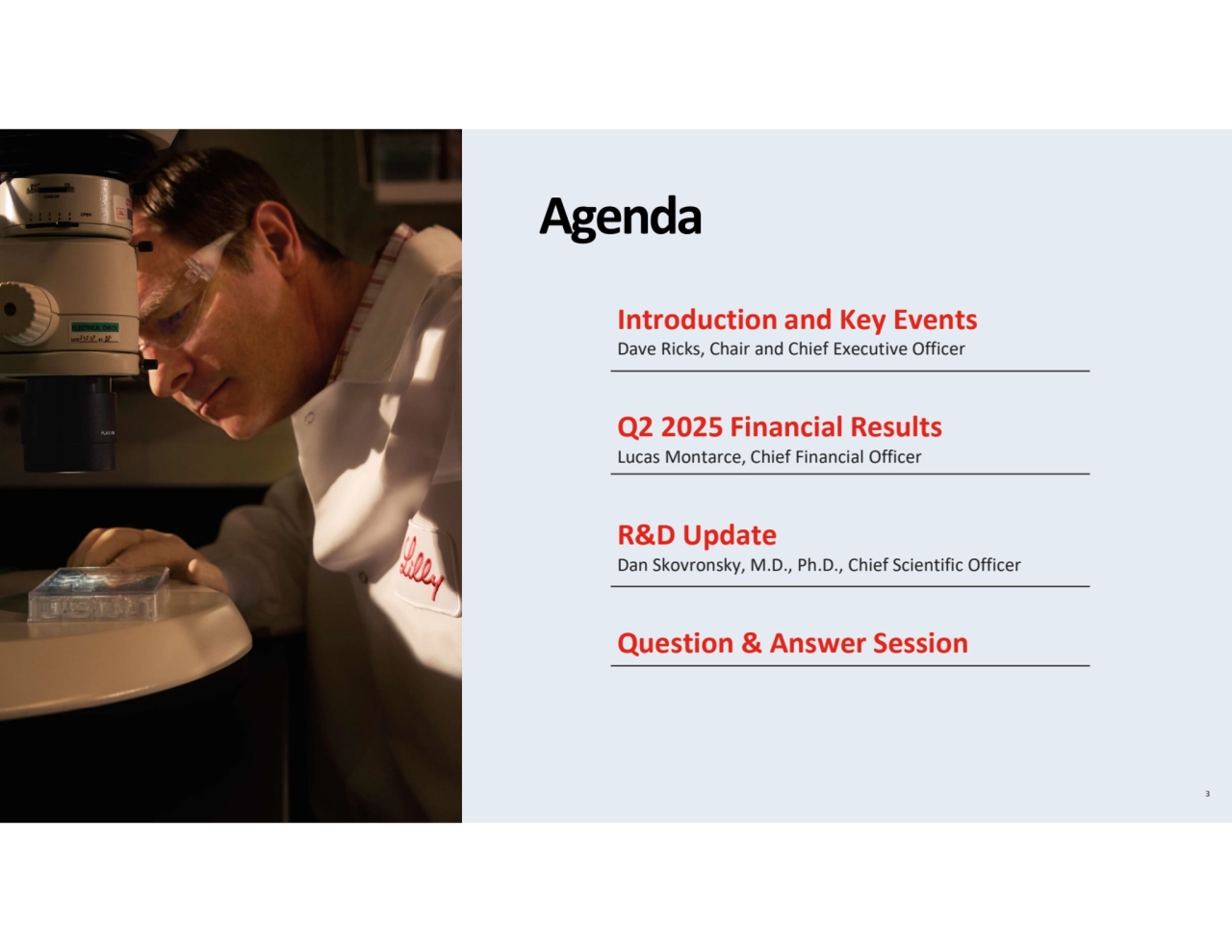 2025 Q2 EARNINGS
Introduction and Key Events
Dave Ricks, Chair and Chief Executive Officer
Q2 2025 Financial Results
Lucas Montarce, Chief Financial Officer
R&D Update
Dan Skovronsky, M.D., Ph.D., Chief Scientific Officer
Question & Answer Session
Agenda
3