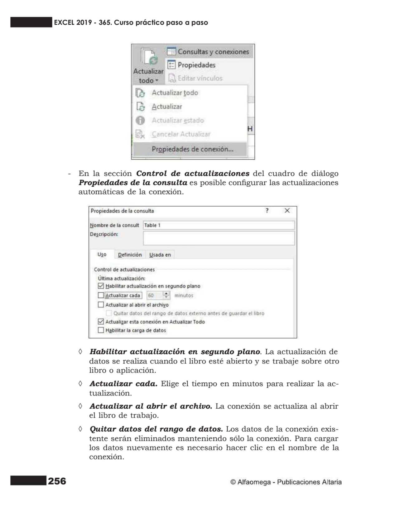 256
- En la sección Control de actualizaciones del cuadro de diálogo
Propiedades de la consulta e…