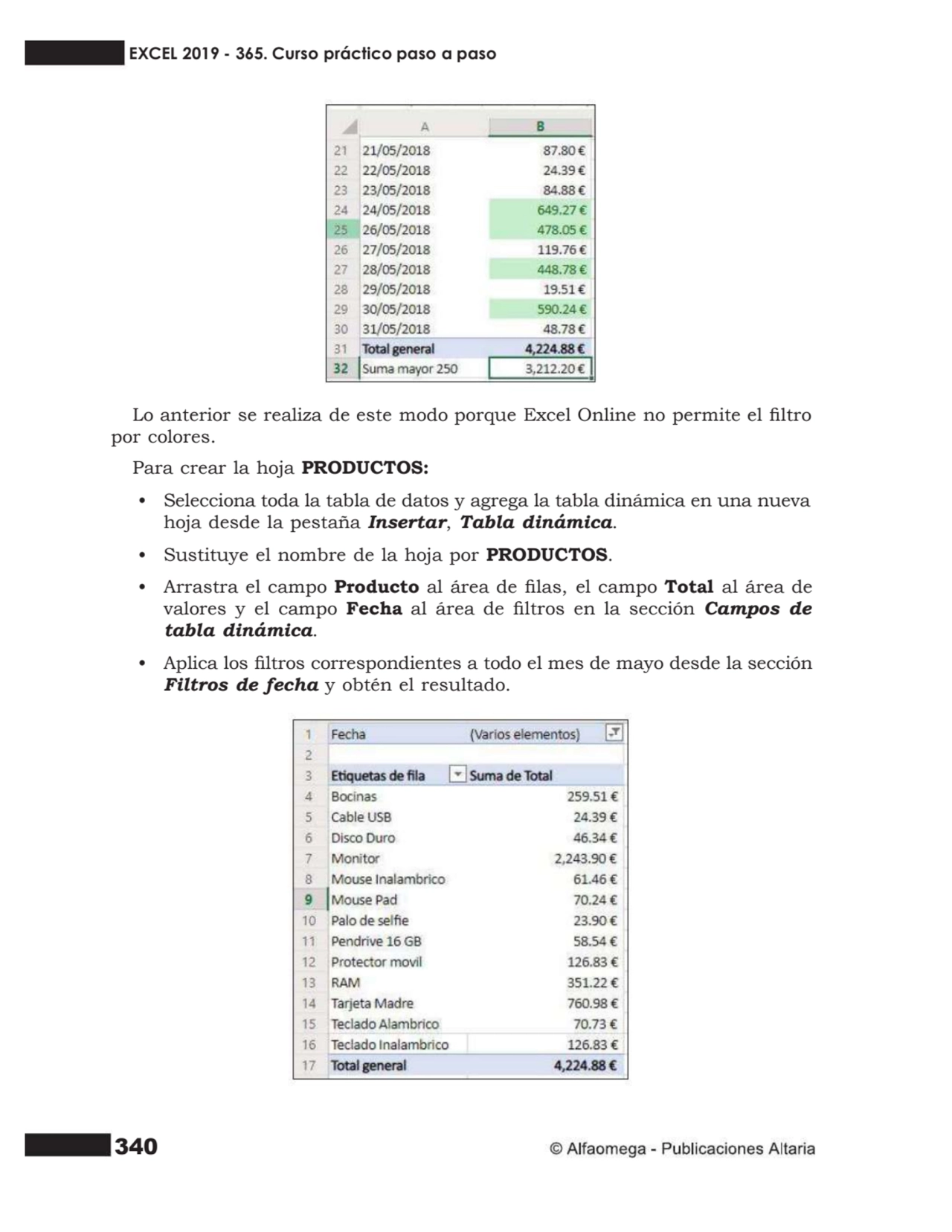 340
Lo anterior se realiza de este modo porque Excel Online no permite el ltro
por colores.
Par…