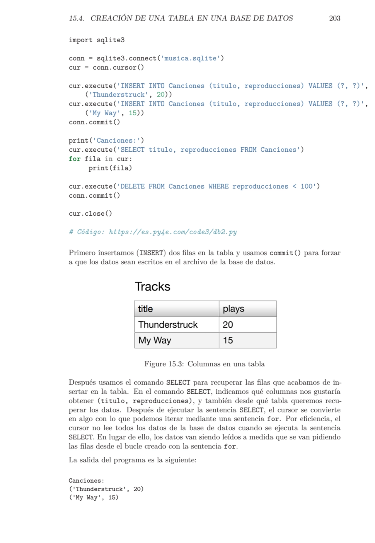 15.4. CREACIÓN DE UNA TABLA EN UNA BASE DE DATOS 203
import sqlite3
conn = sqlite3.connect('music…