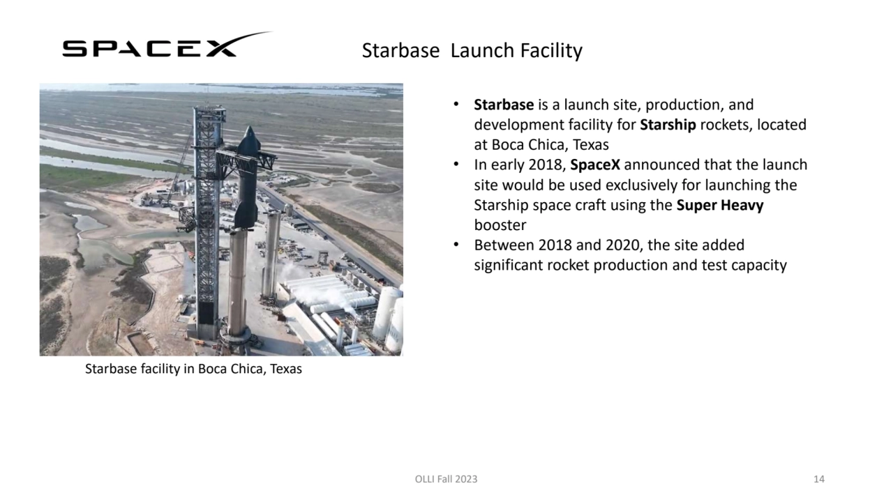 Starbase Launch Facility
OLLI Fall 2023 14
Starbase facility in Boca Chica, Texas 
• Starbase is…