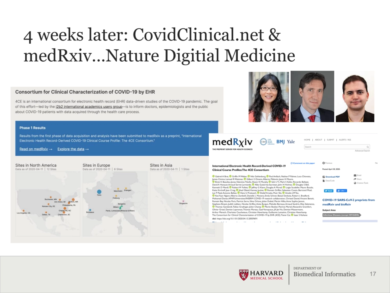 17
DEPARTMENT OF
Biomedical Informatics
4 weeks later: CovidClinical.net & 
medRxiv…Nature Digi…