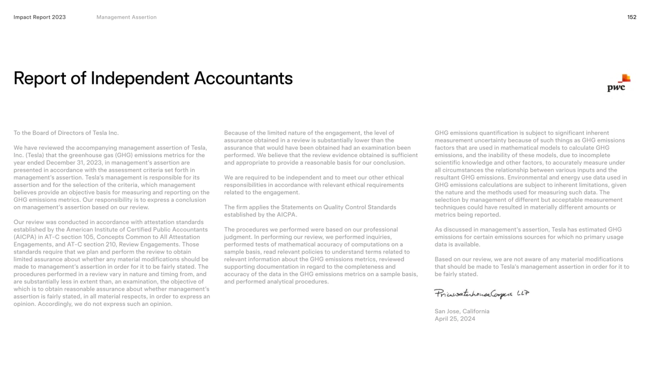 Report of Independent Accountants
Impact Report 2023 Impact Report 2023 Management Assertion 152
…