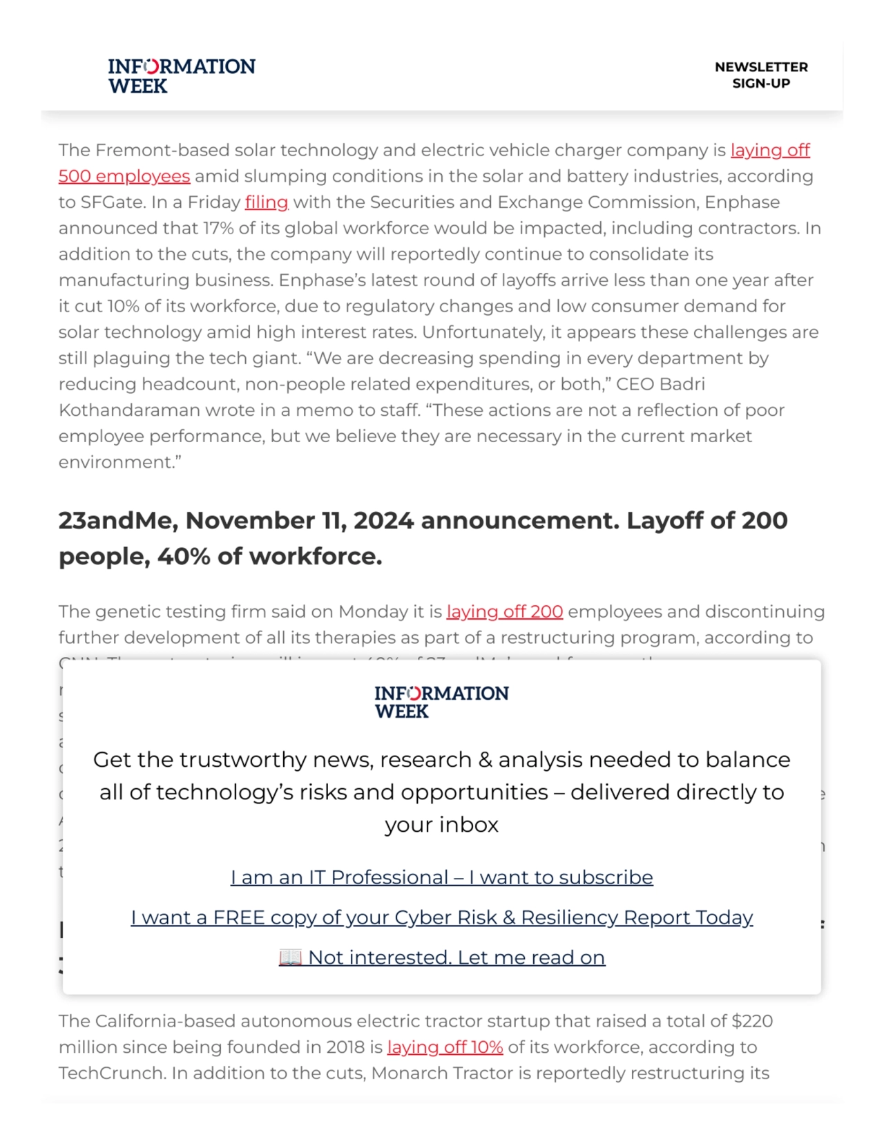 Enphase Energy, November 11, 2024 announcement. Layoff of
500 people, 17% of workforce.
The Fremo…