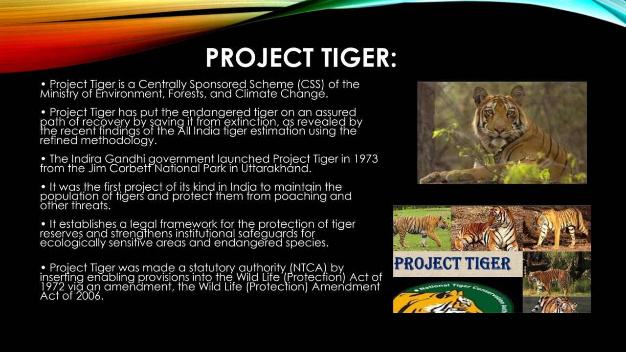 PROJECT TIGER: 
• Project Tiger is a Centrally Sponsored Scheme (CSS) of the 
Ministry of Environ…