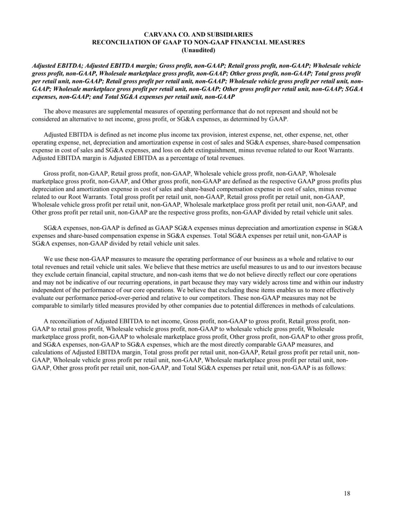 CARVANA CO. AND SUBSIDIARIES
RECONCILIATION OF GAAP TO NON-GAAP FINANCIAL MEASURES
(Unaudited)
Adjusted EBITDA; Adjusted EBITDA margin; Gross profit, non-GAAP; Retail gross profit, non-GAAP; Wholesale vehicle 
gross profit, non-GAAP, Wholesale marketplace gross profit, non-GAAP; Other gross profit, non-GAAP; Total gross profit 
per retail unit, non-GAAP; Retail gross profit per retail unit, non-GAAP; Wholesale vehicle gross profit per retail unit, nonGAAP; Wholesale marketplace gross profit per retail unit, non-GAAP; Other gross profit per retail unit, non-GAAP; SG&A 
expenses, non-GAAP; and Total SG&A expenses per retail unit, non-GAAP
The above measures are supplemental measures of operating performance that do not represent and should not be 
considered an alternative to net income, gross profit, or SG&A expenses, as determined by GAAP.
Adjusted EBITDA is defined as net income plus income tax provision, interest expense, net, other expense, net, other 
operating expense, net, depreciation and amortization expense in cost of sales and SG&A expenses, share-based compensation 
expense in cost of sales and SG&A expenses, and loss on debt extinguishment, minus revenue related to our Root Warrants. 
Adjusted EBITDA margin is Adjusted EBITDA as a percentage of total revenues. 
Gross profit, non-GAAP, Retail gross profit, non-GAAP, Wholesale vehicle gross profit, non-GAAP, Wholesale 
marketplace gross profit, non-GAAP, and Other gross profit, non-GAAP are defined as the respective GAAP gross profits plus 
depreciation and amortization expense in cost of sales and share-based compensation expense in cost of sales, minus revenue 
related to our Root Warrants. Total gross profit per retail unit, non-GAAP, Retail gross profit per retail unit, non-GAAP, 
Wholesale vehicle gross profit per retail unit, non-GAAP, Wholesale marketplace gross profit per retail unit, non-GAAP, and 
Other gross profit per retail unit, non-GAAP are the respective gross profits, non-GAAP divided by retail vehicle unit sales.
SG&A expenses, non-GAAP is defined as GAAP SG&A expenses minus depreciation and amortization expense in SG&A 
expenses and share-based compensation expense in SG&A expenses. Total SG&A expenses per retail unit, non-GAAP is 
SG&A expenses, non-GAAP divided by retail vehicle unit sales.
We use these non-GAAP measures to measure the operating performance of our business as a whole and relative to our 
total revenues and retail vehicle unit sales. We believe that these metrics are useful measures to us and to our investors because 
they exclude certain financial, capital structure, and non-cash items that we do not believe directly reflect our core operations 
and may not be indicative of our recurring operations, in part because they may vary widely across time and within our industry 
independent of the performance of our core operations. We believe that excluding these items enables us to more effectively 
evaluate our performance period-over-period and relative to our competitors. These non-GAAP measures may not be 
comparable to similarly titled measures provided by other companies due to potential differences in methods of calculations.
A reconciliation of Adjusted EBITDA to net income, Gross profit, non-GAAP to gross profit, Retail gross profit, nonGAAP to retail gross profit, Wholesale vehicle gross profit, non-GAAP to wholesale vehicle gross profit, Wholesale 
marketplace gross profit, non-GAAP to wholesale marketplace gross profit, Other gross profit, non-GAAP to other gross profit, 
and SG&A expenses, non-GAAP to SG&A expenses, which are the most directly comparable GAAP measures, and 
calculations of Adjusted EBITDA margin, Total gross profit per retail unit, non-GAAP, Retail gross profit per retail unit, nonGAAP, Wholesale vehicle gross profit per retail unit, non-GAAP, Wholesale marketplace gross profit per retail unit, nonGAAP, Other gross profit per retail unit, non-GAAP, and Total SG&A expenses per retail unit, non-GAAP is as follows:
18