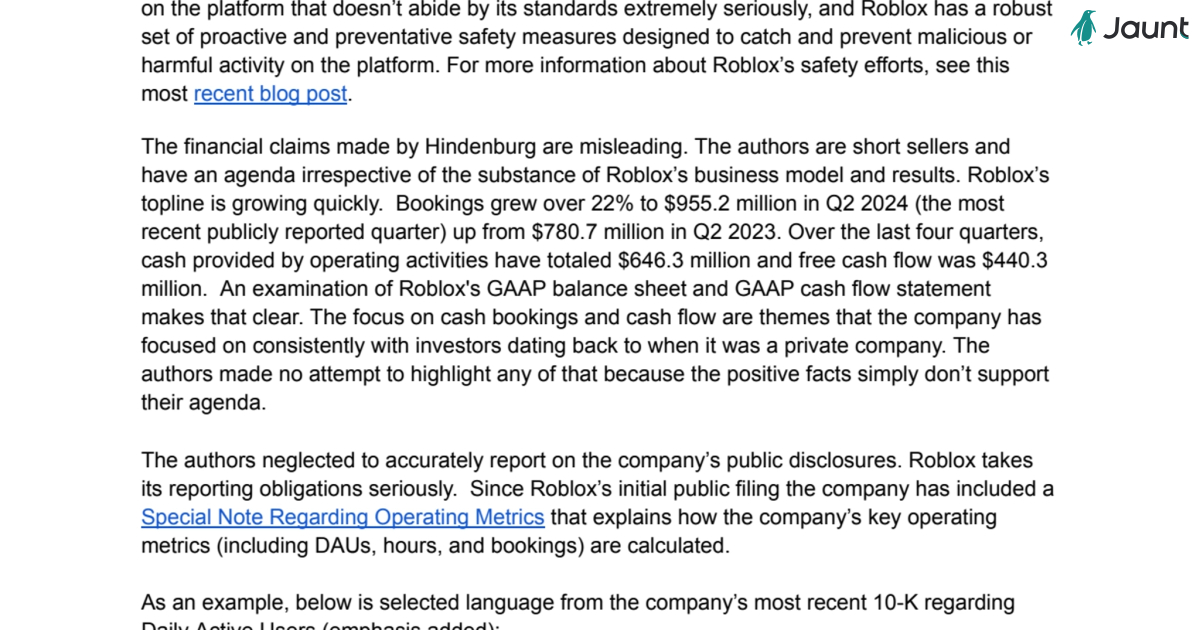 Roblox Addresses Hindenburg Report Claims