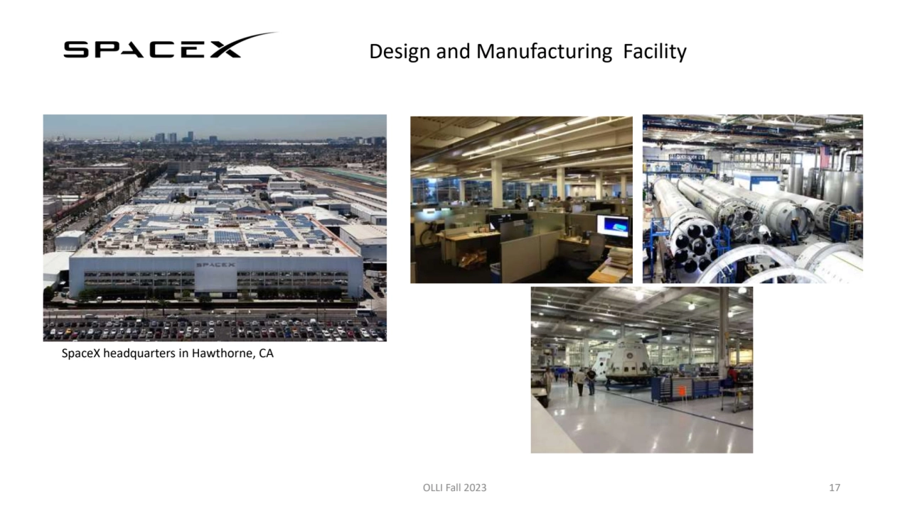 Design and Manufacturing Facility
OLLI Fall 2023 17
SpaceX headquarters in Hawthorne, CA 