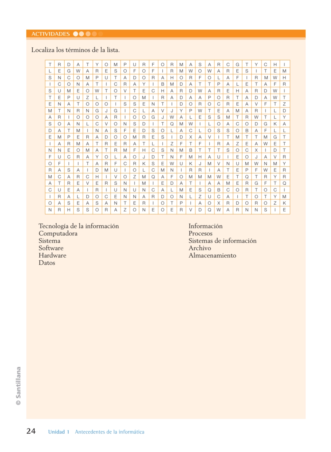 © Santillana
24 Unidad 1 Antecedentes de la informática
ACTIVIDADES
Localiza los términos de la …