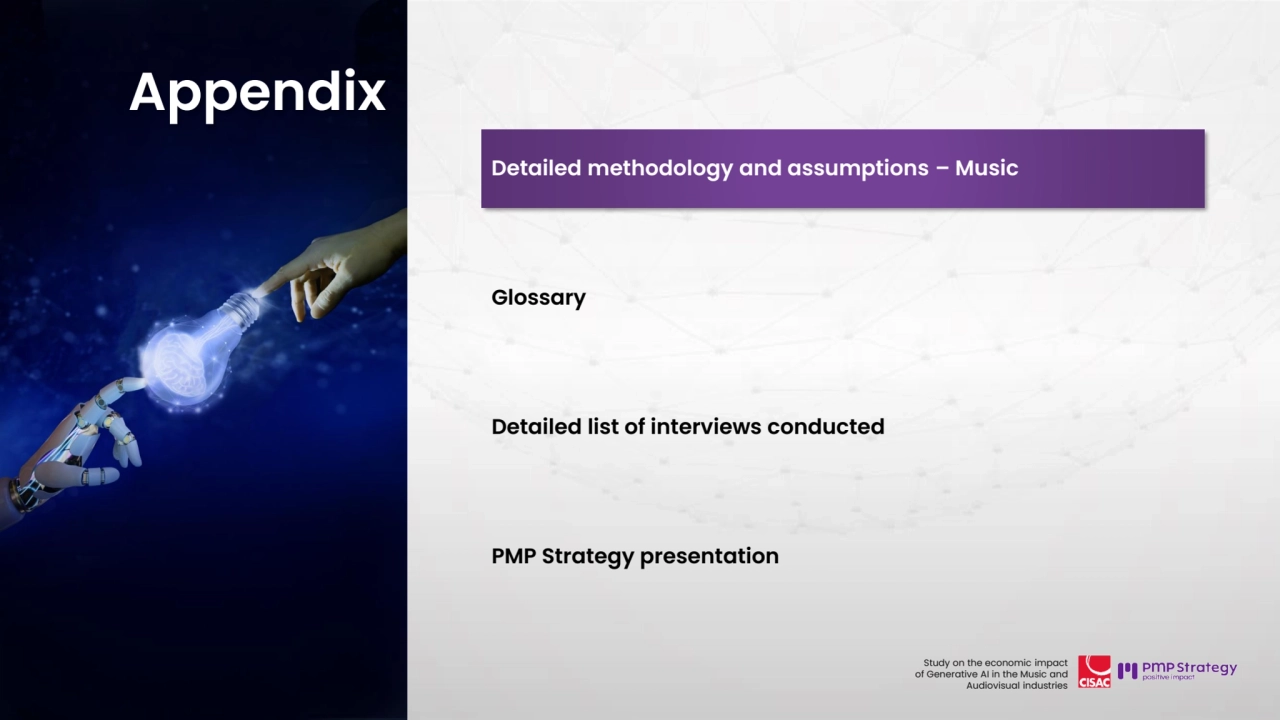 87
Study on the economic impact 
of Generative AI in the Music and 
Audiovisual industries 
Detailed methodology and assumptions – Music 
Glossary
Detailed list of interviews conducted
PMP Strategy presentation
Appendix
