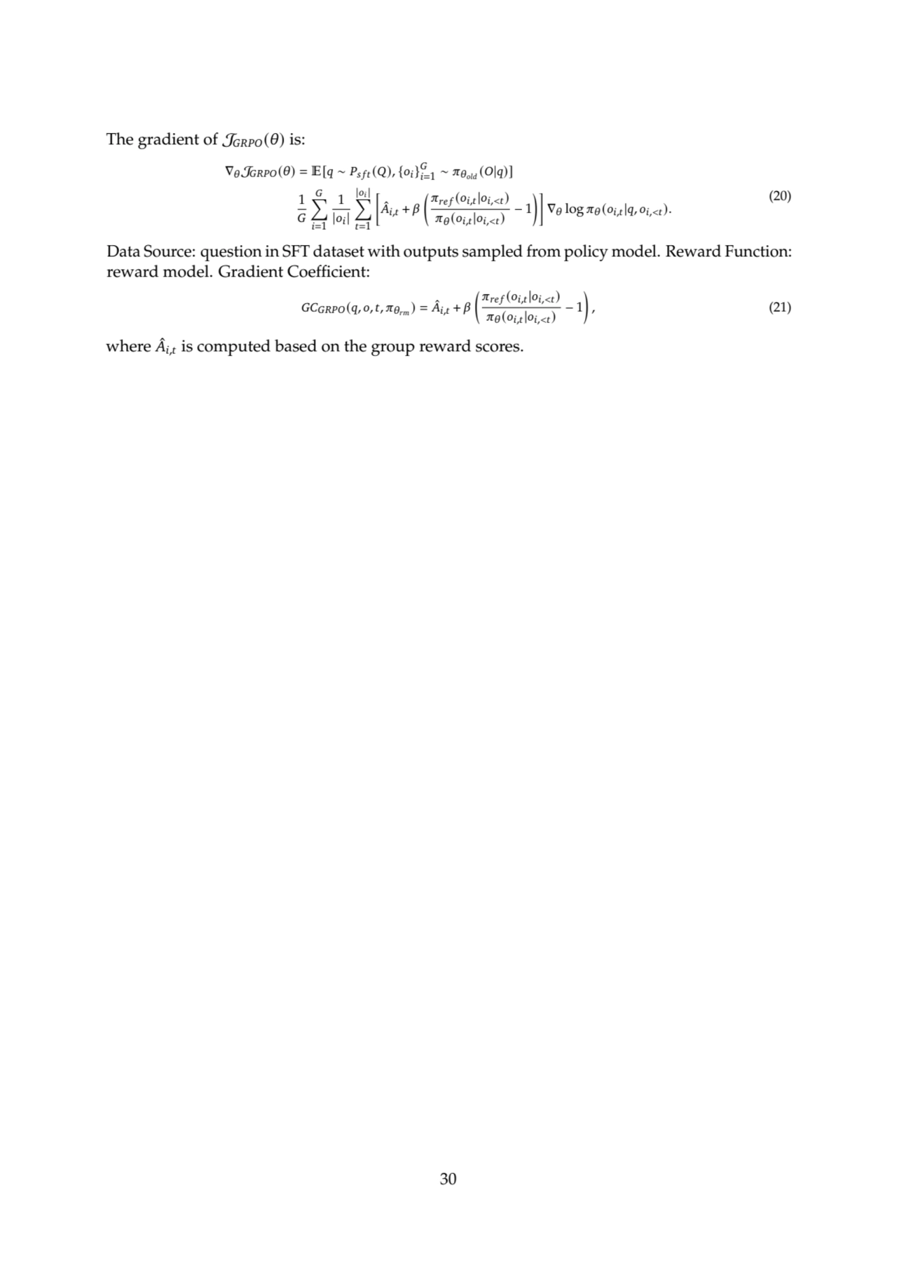 The gradient of J𝐺𝑅𝑃𝑂(𝜃) is:
∇𝜃J𝐺𝑅𝑃𝑂(𝜃) = E[𝑞 ∼ 𝑃𝑠 𝑓 𝑡 (𝑄), {𝑜𝑖}
𝐺
𝑖=1
∼ 𝜋𝜃𝑜𝑙𝑑 (𝑂|𝑞)]
1
𝐺
∑︁…