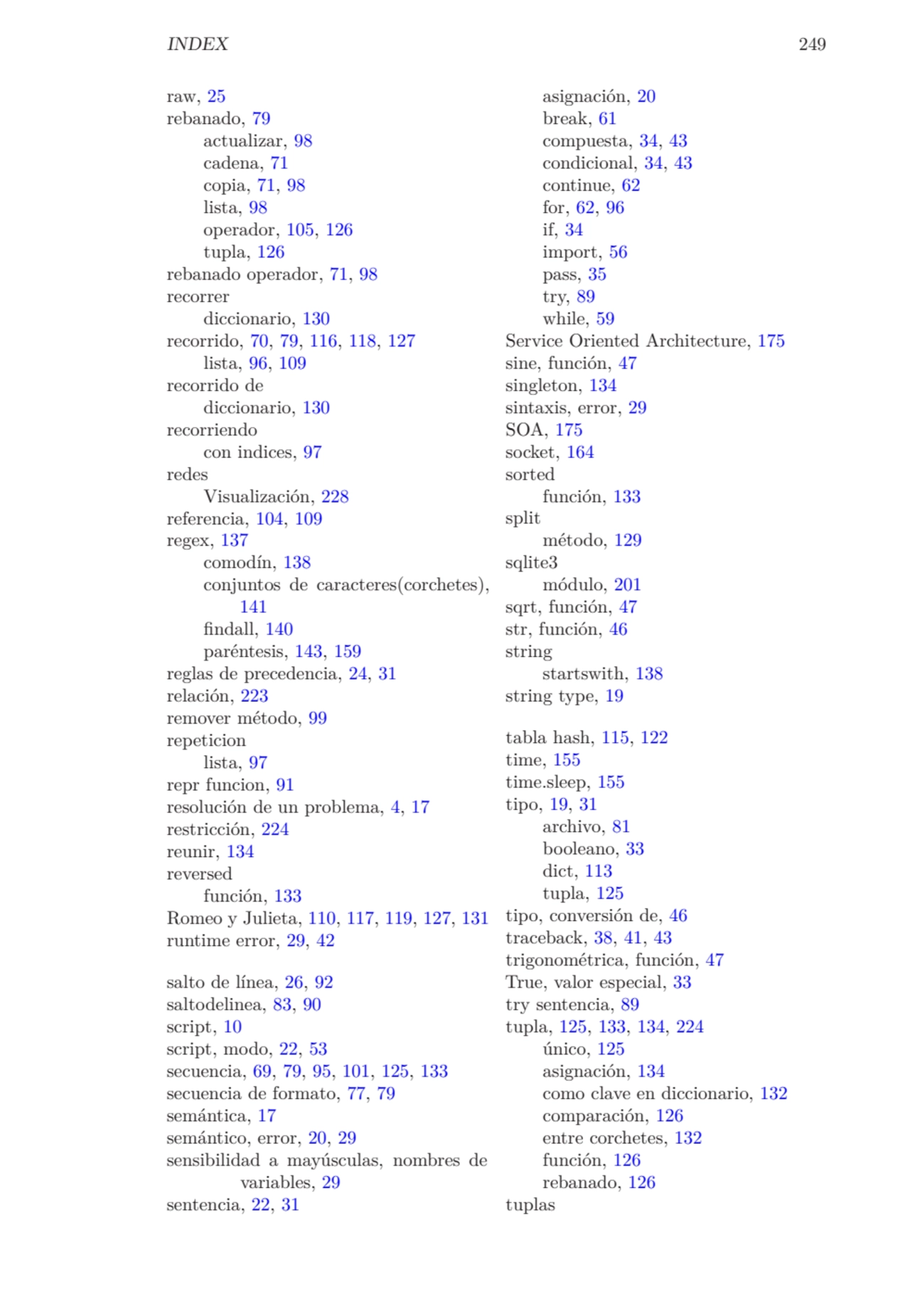 INDEX 249
raw, 25
rebanado, 79
actualizar, 98
cadena, 71
copia, 71, 98
lista, 98
operador, 1…