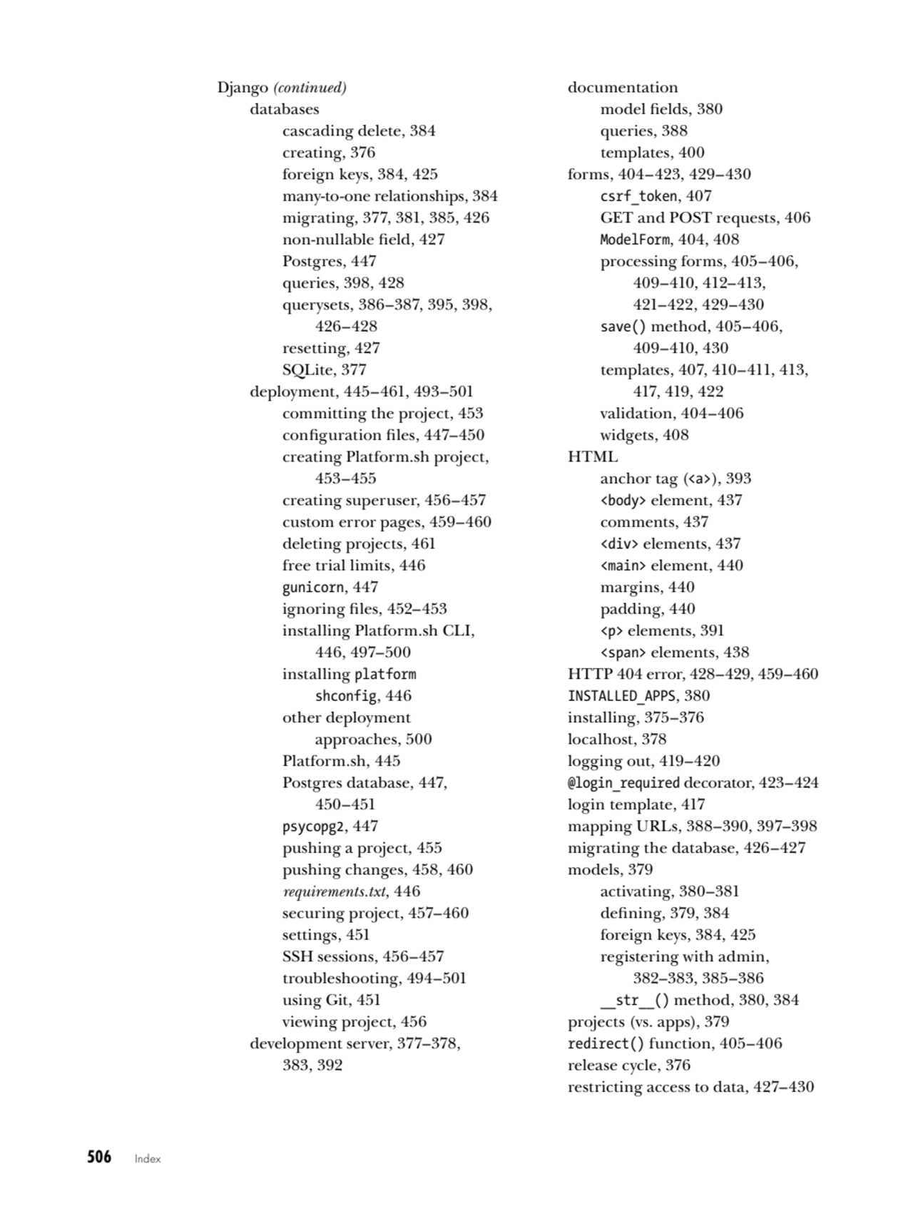 506   Index
databases
cascading delete, 384
creating, 376
foreign keys, 384, 425
many-to-one r…