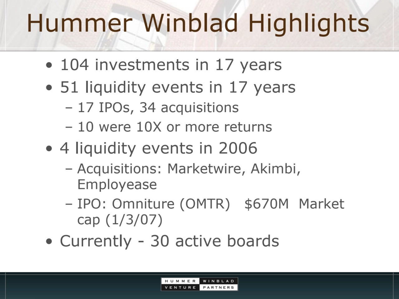 Hummer Winblad Highlights
• 104 investments in 17 years
• 51 liquidity events in 17 years
– 17 I…