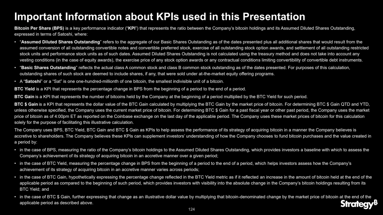 124
Important Information about KPIs used in this Presentation
Bitcoin Per Share (BPS) is a key performance indicator (“KPI”) that represents the ratio between the Company’s bitcoin holdings and its Assumed Diluted Shares Outstanding, 
expressed in terms of Satoshi, where:
•“Assumed Diluted Shares Outstanding” refers to the aggregate of our Basic Shares Outstanding as of the dates presented plus all additional shares that would result from the 
assumed conversion of all outstanding convertible notes and convertible preferred stock, exercise of all outstanding stock option awards, and settlement of all outstanding restricted 
stock units and performance stock units as of such dates. Assumed Diluted Shares Outstanding is not calculated using the treasury method and does not take into account any 
vesting conditions (in the case of equity awards), the exercise price of any stock option awards or any contractual conditions limiting convertibility of convertible debt instruments.
•“Basic Shares Outstanding” reflects the actual class A common stock and class B common stock outstanding as of the dates presented. For purposes of this calculation, 
outstanding shares of such stock are deemed to include shares, if any, that were sold under at-the-market equity offering programs.
• A “Satoshi” or a “Sat” is one one-hundred-millionth of one bitcoin, the smallest indivisible unit of a bitcoin.
BTC Yield is a KPI that represents the percentage change in BPS from the beginning of a period to the end of a period. 
BTC Gain is a KPI that represents the number of bitcoins held by the Company at the beginning of a period multiplied by the BTC Yield for such period.
BTC $ Gain is a KPI that represents the dollar value of the BTC Gain calculated by multiplying the BTC Gain by the market price of bitcoin. For determining BTC $ Gain QTD and YTD, 
unless otherwise specified, the Company uses the current market price of bitcoin. For determining BTC $ Gain for a past fiscal year or other past period, the Company uses the market 
price of bitcoin as of 4:00pm ET as reported on the Coinbase exchange on the last day of the applicable period. The Company uses these market prices of bitcoin for this calculation 
solely for the purpose of facilitating this illustrative calculation.
The Company uses BPS, BTC Yield, BTC Gain and BTC $ Gain as KPIs to help assess the performance of its strategy of acquiring bitcoin in a manner the Company believes is 
accretive to shareholders. The Company believes these KPIs can supplement investors’ understanding of how the Company chooses to fund bitcoin purchases and the value created in 
a period by: 
• in the case of BPS, measuring the ratio of the Company’s bitcoin holdings to the Assumed Diluted Shares Outstanding, which provides investors a baseline with which to assess the 
Company’s achievement of its strategy of acquiring bitcoin in an accretive manner over a given period;
• in the case of BTC Yield, measuring the percentage change in BPS from the beginning of a period to the end of a period, which helps investors assess how the Company’s 
achievement of its strategy of acquiring bitcoin in an accretive manner varies across periods;
• in the case of BTC Gain, hypothetically expressing the percentage change reflected in the BTC Yield metric as if it reflected an increase in the amount of bitcoin held at the end of the 
applicable period as compared to the beginning of such period, which provides investors with visibility into the absolute change in the Company’s bitcoin holdings resulting from its 
BTC Yield; and
• in the case of BTC $ Gain, further expressing that change as an illustrative dollar value by multiplying that bitcoin-denominated change by the market price of bitcoin at the end of the 
applicable period as described above.