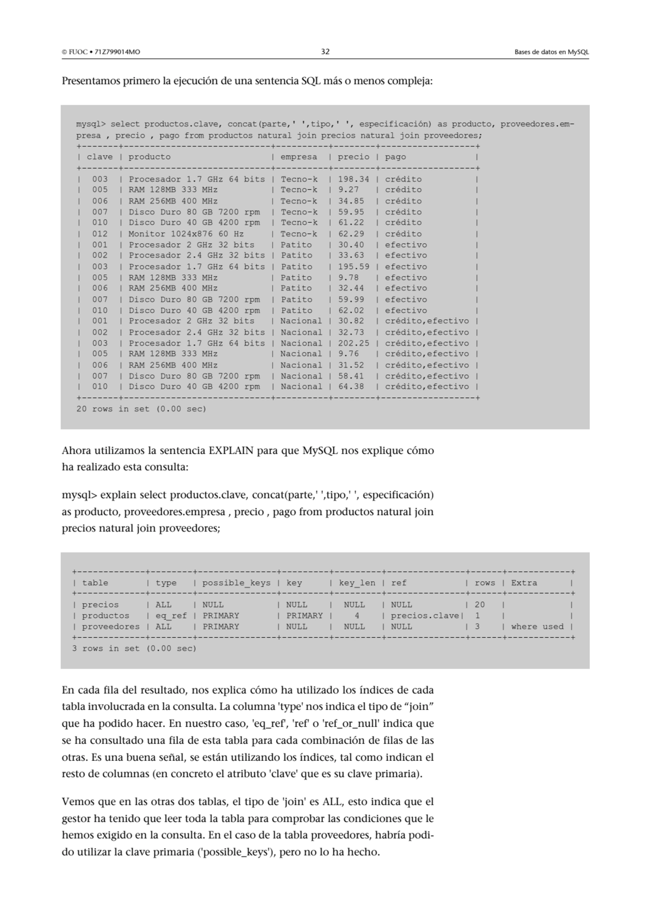  FUOC • 71Z799014MO 32 Bases de datos en MySQL
Presentamos primero la ejecución de una sentencia …